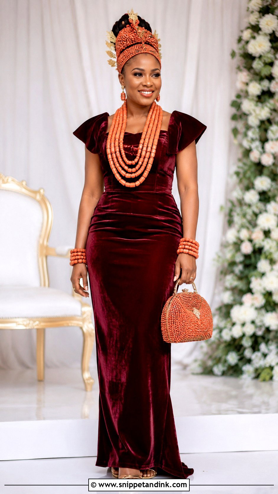 Edo Velvet Dress With Coral Beads - Snippet and Ink - 20 African Wedding Outfits