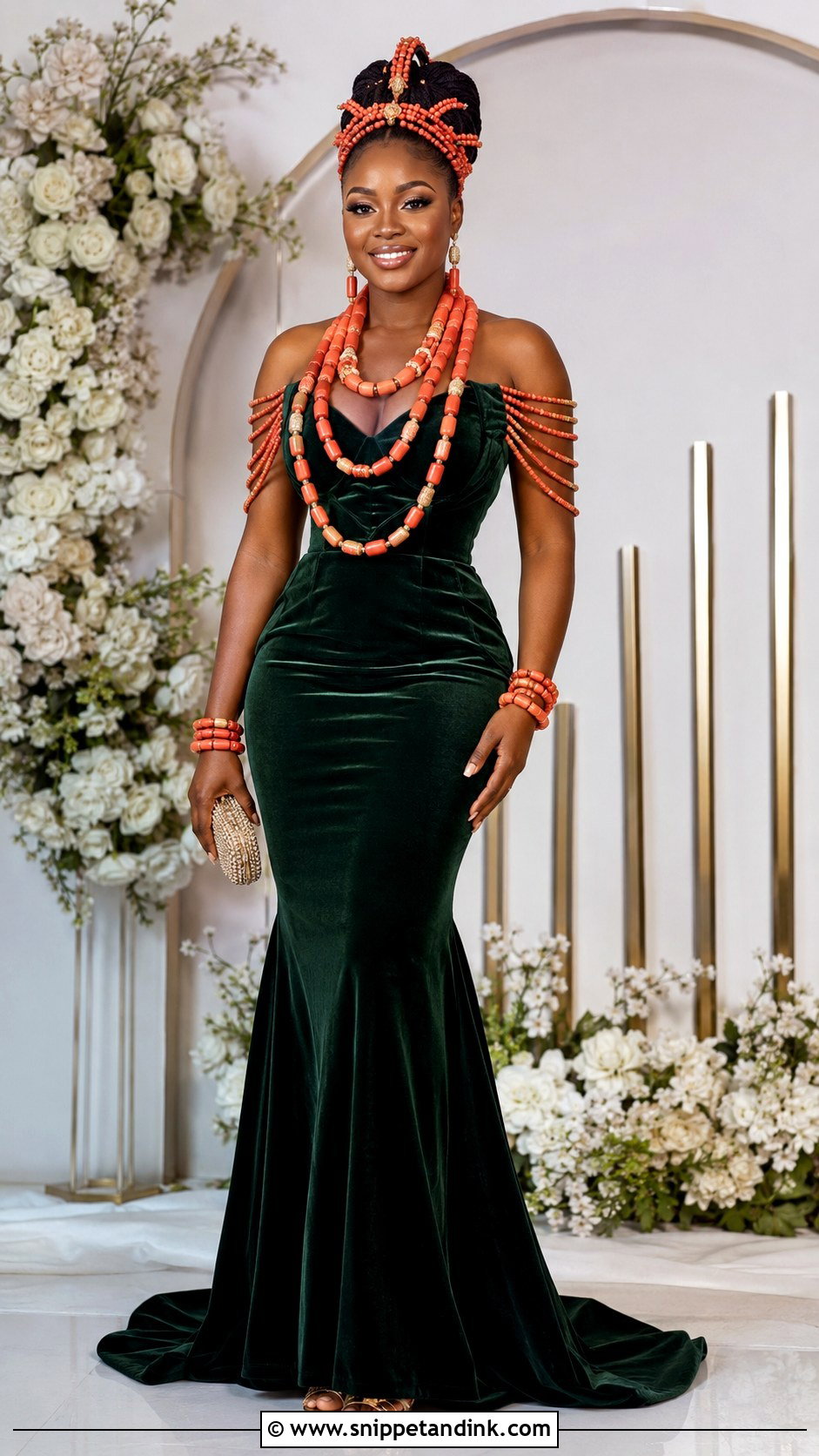 Edo Velvet Gown And Coral Bead Outfit - Snippet and Ink - 20 Bridal Traditional Dresses Nigeria