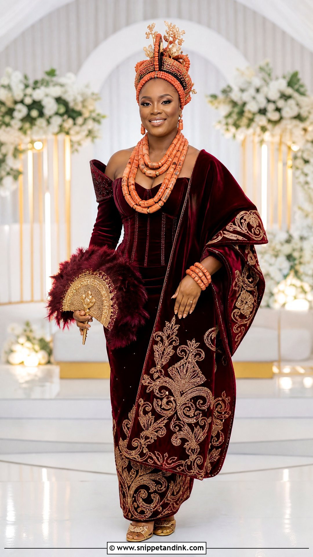 Edo Velvet Wrapper And Coral Bead Wedding Outfit - Snippet and Ink - 20 Nigerian Wedding Outfits
