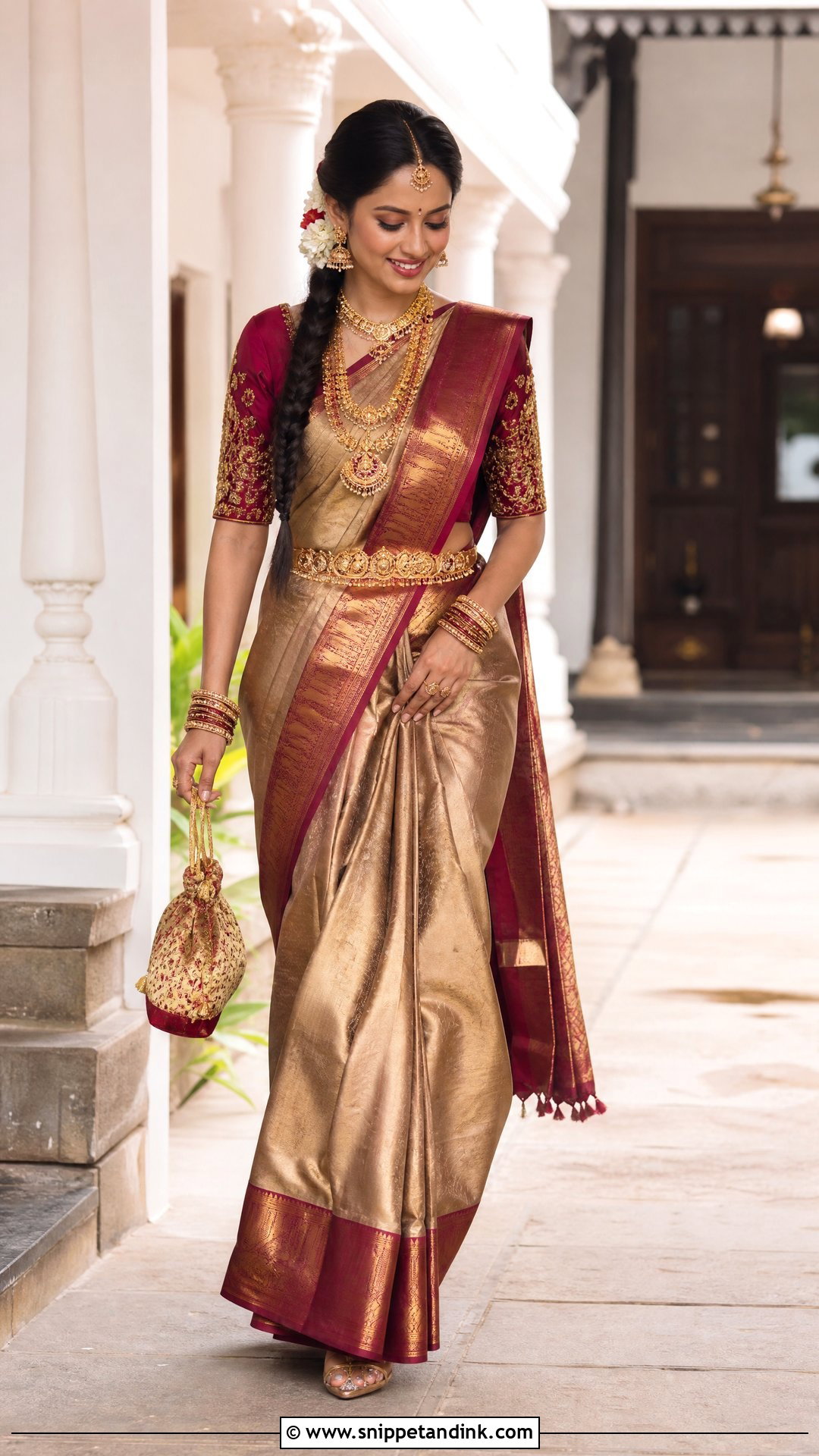 Elbow Sleeve Bridal Blouse With Temple Jewelry - Snippet and Ink - 25 Blouse Design for Bride Ideas