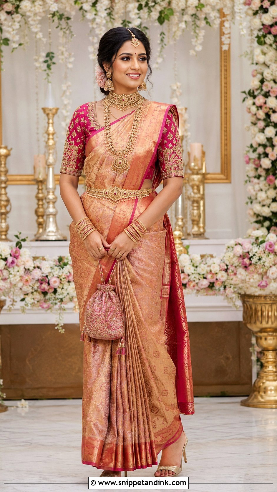 Elbow Sleeve Zari Blouse With Banarasi Saree - Snippet and Ink - 20 Grand Blouse Designs for Marriage