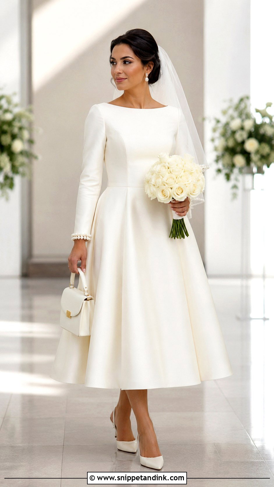 Elizabeth Taylor Ivory Long Sleeve Midi Dress With Pearls - Snippet and Ink - 20 Elizabeth Taylor Wedding Dress Ideas