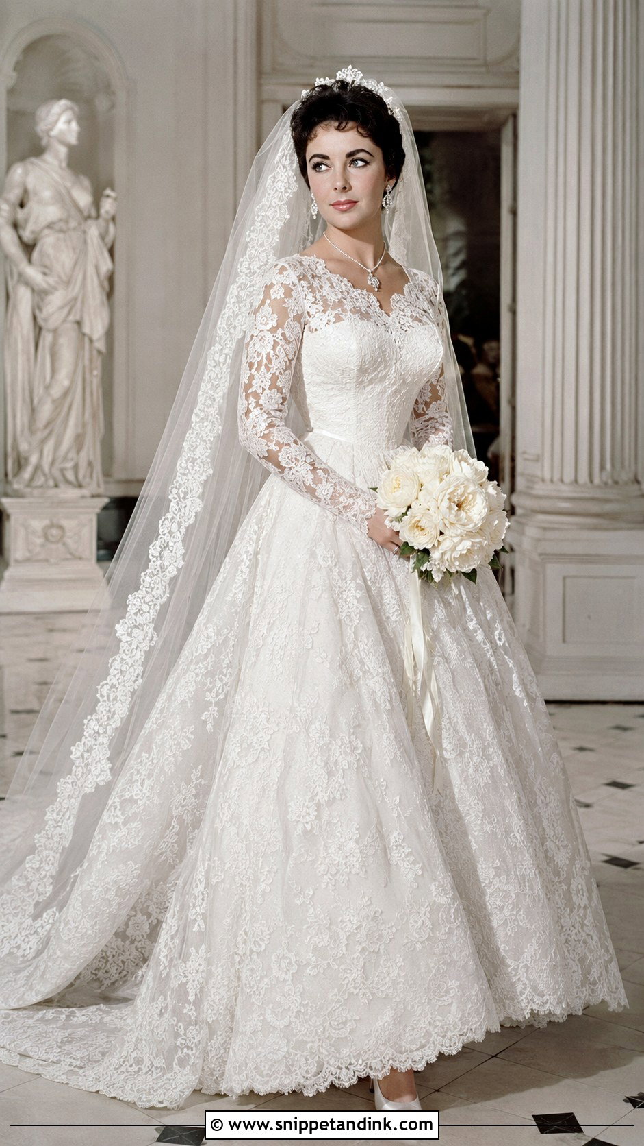 Elizabeth Taylor Lace Ball Gown With Cathedral Veil - Snippet and Ink - 20 Elizabeth Taylor Wedding Dress Ideas