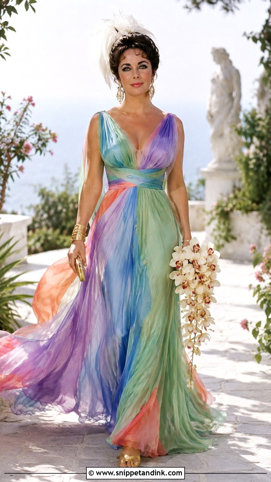 Elizabeth Taylor Rainbow Chiffon Gown With Feather Headpiece - Snippet and Ink - 20 Elizabeth Taylor Wedding Dress Ideas