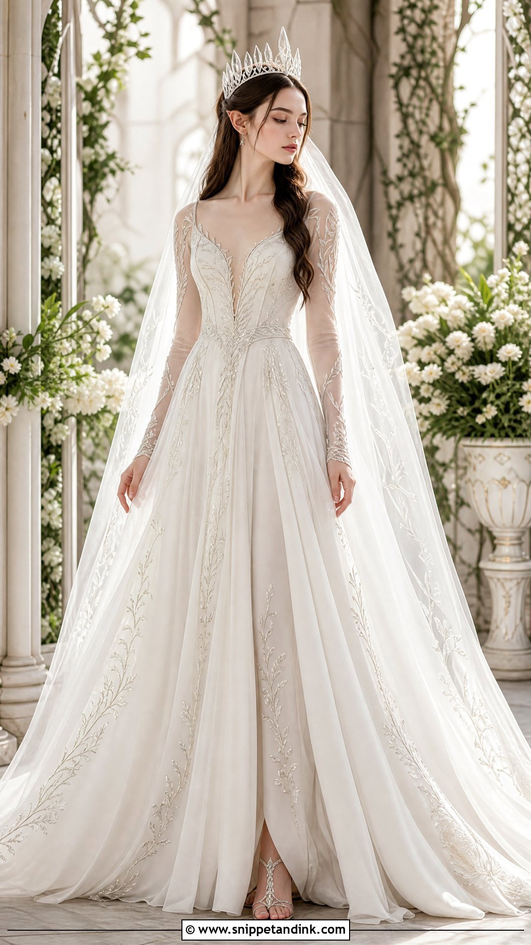 Elvish Wedding Dress With A Crystal Crown - Snippet and Ink - 25 Elvish Wedding Dress Ideas