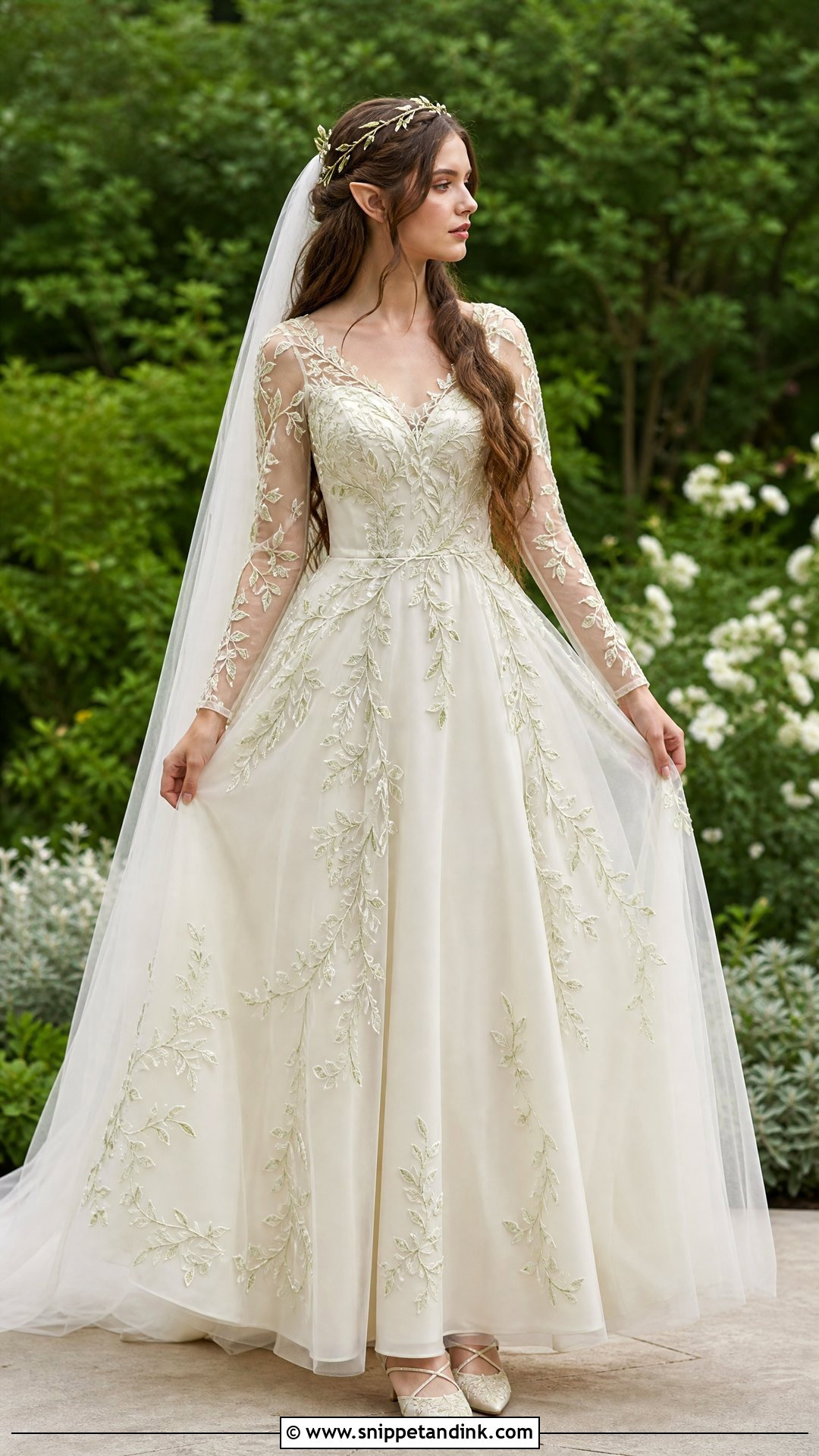 Elvish Wedding Dress With Leaf Embroidery - Snippet and Ink - 25 Elvish Wedding Dress Ideas