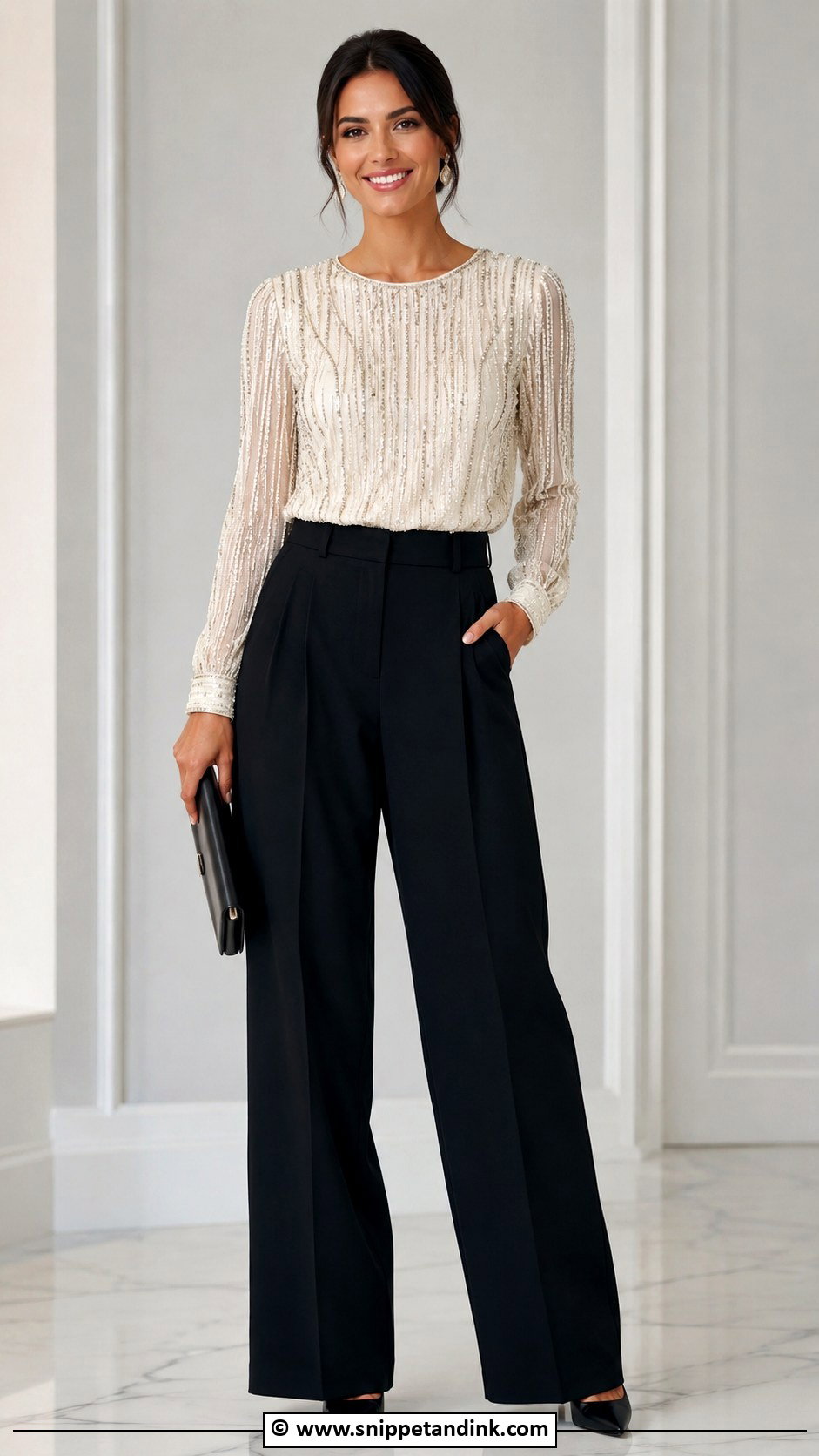 Embellished Blouse And Trousers Outfit - Snippet and Ink - 30 Award Ceremony Outfit Ideas