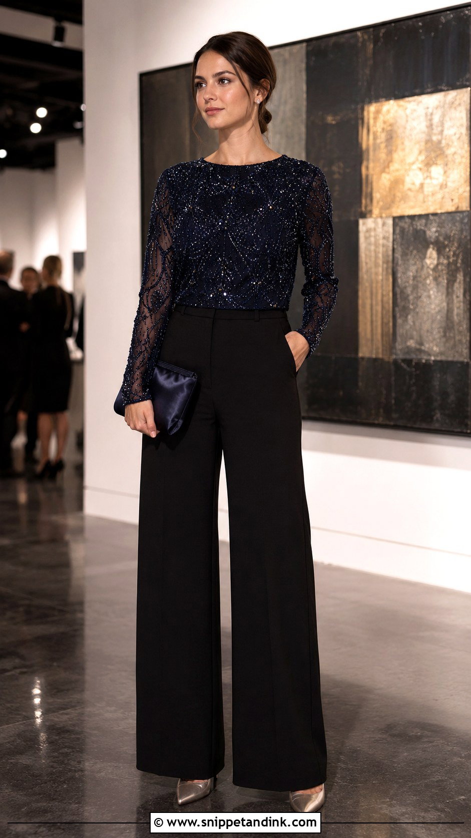 Embellished Blouse With Black Pants Wedding Outfit - Snippet and Ink - 20 Blouse and Pants Wedding Outfit Ideas