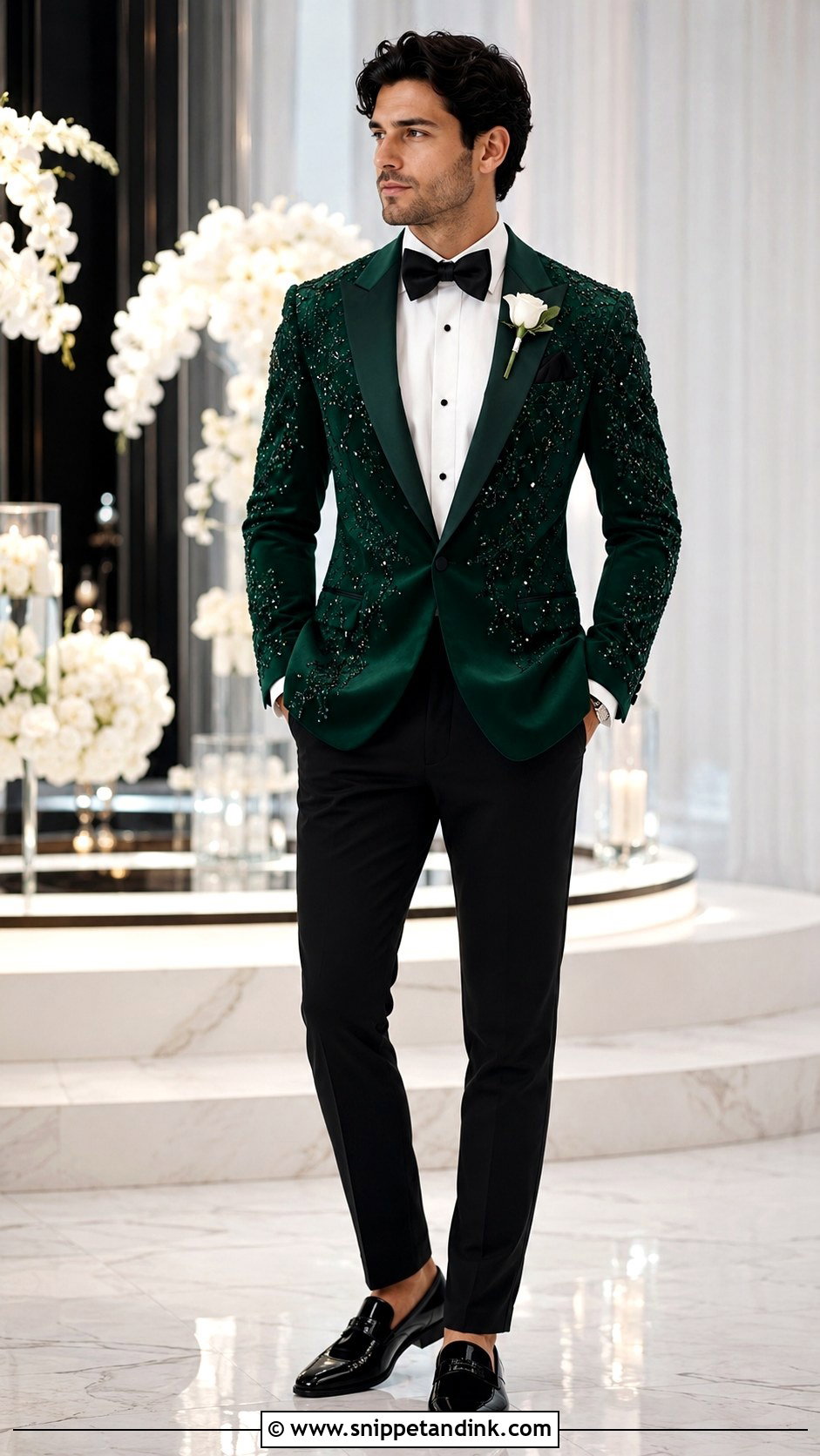 Embellished Emerald Green Tuxedo Outfit - Snippet and Ink - 20 Emerald Green Tuxedo Wedding Ideas