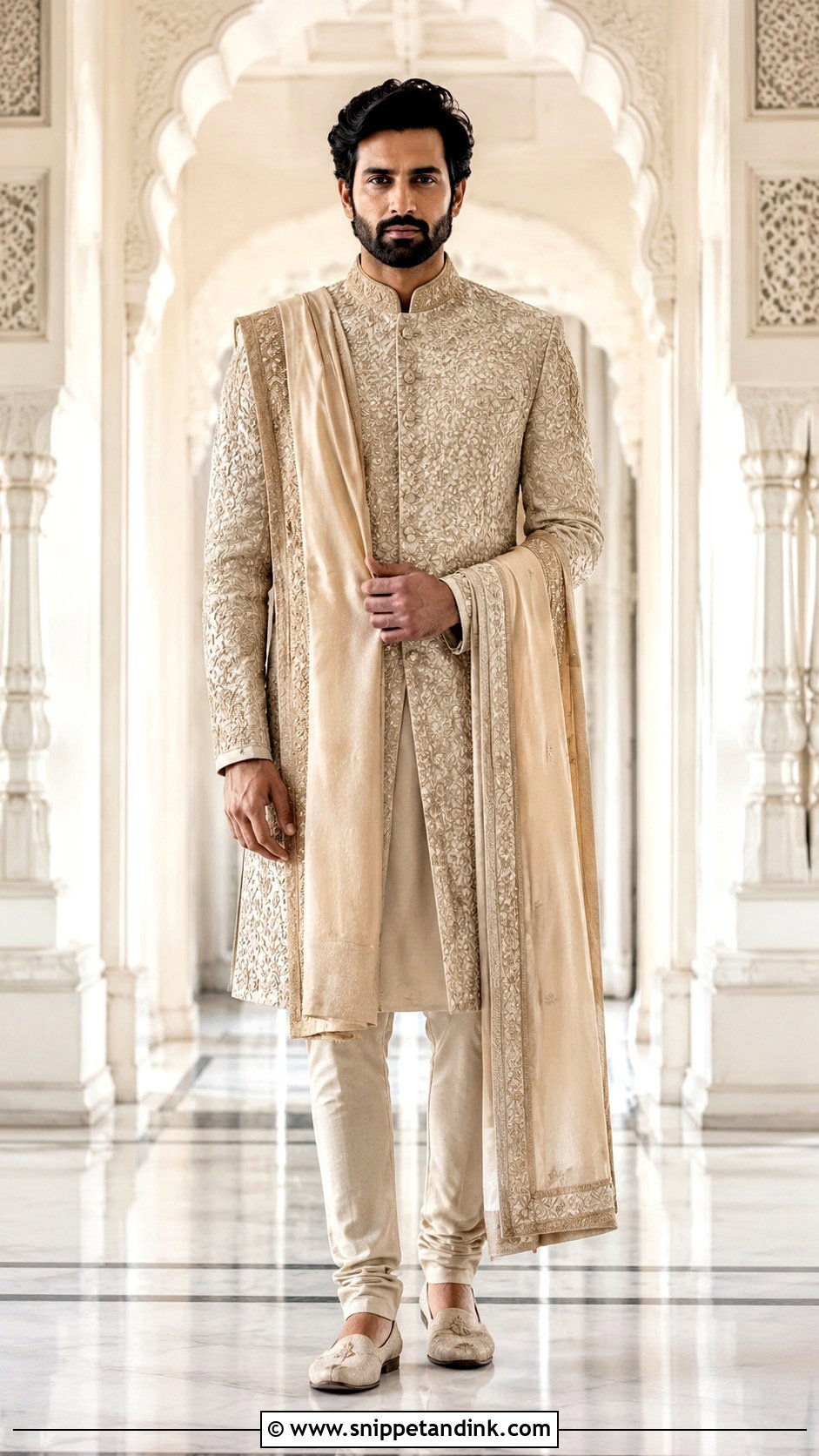 Embellished Sherwani With Dupatta Outfit - Snippet and Ink - 25 Ranbir Kapoor Wedding Outfit Ideas