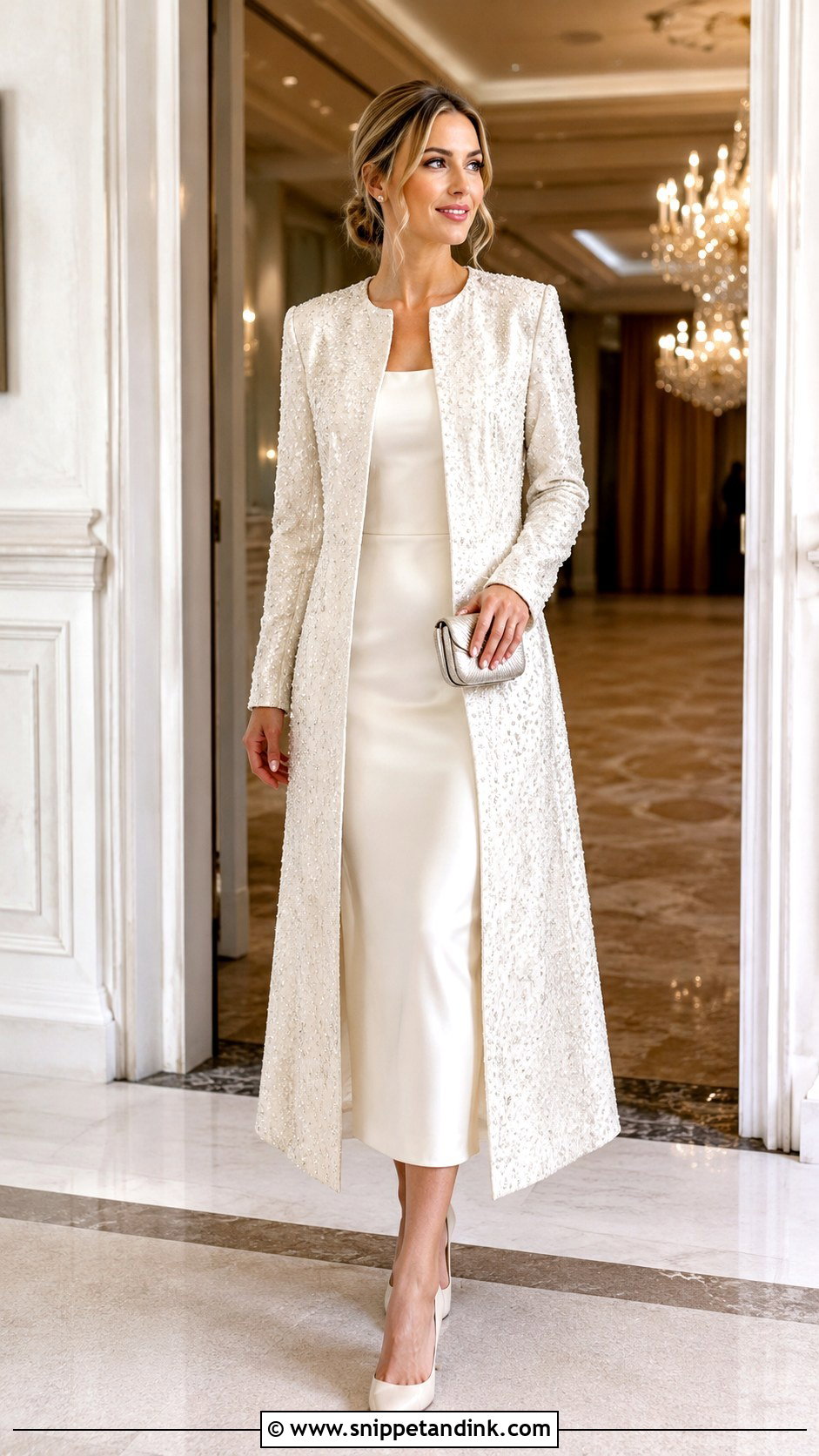 Embellished Wedding Coat With Simple Satin Dress - Snippet and Ink - 20 Wedding Coats for Brides Ideas