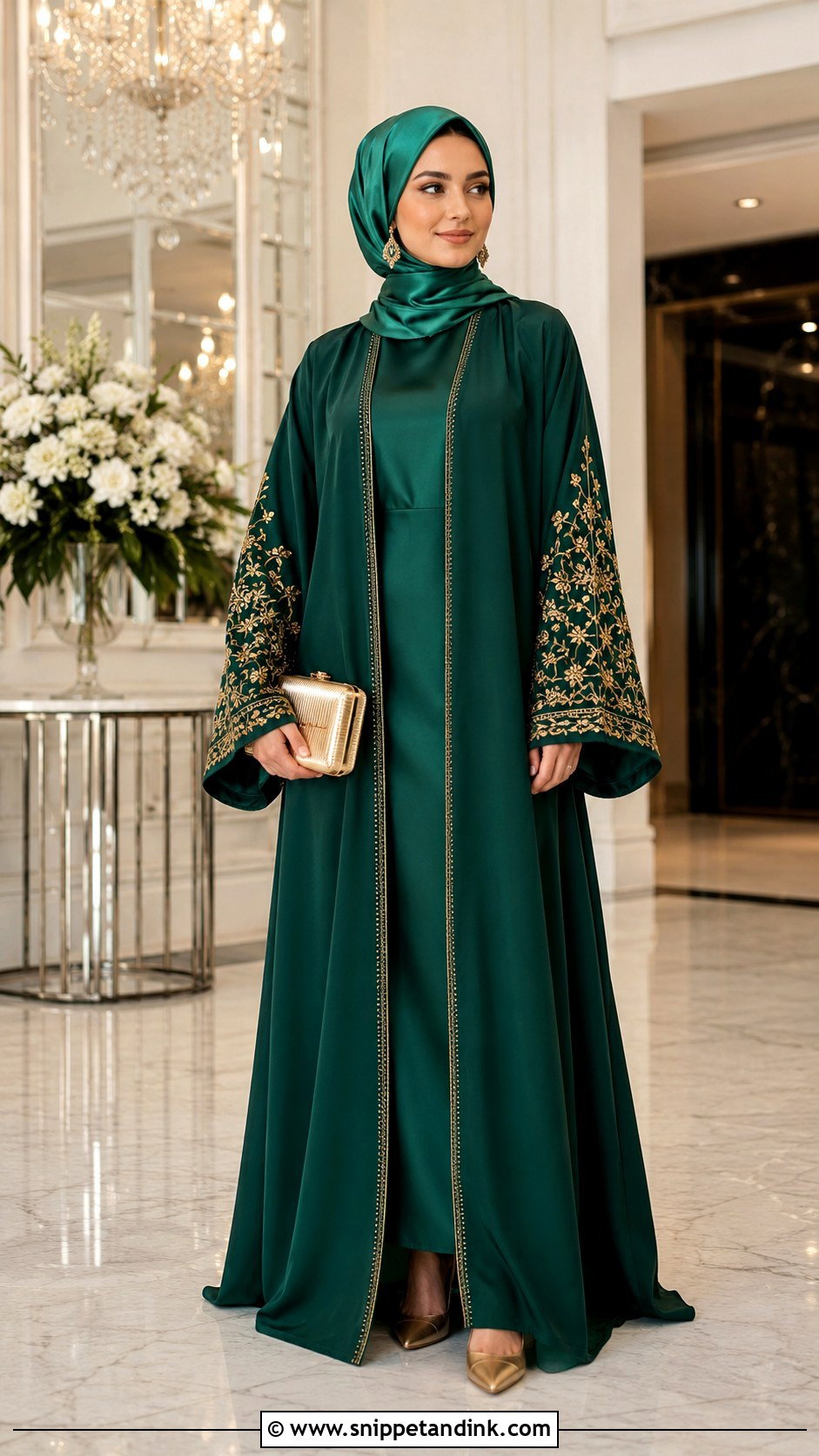 Embroidered Abaya And Satin Hijab Wedding Outfit - Snippet and Ink - 20 Hijab Outfit Wedding Ideas