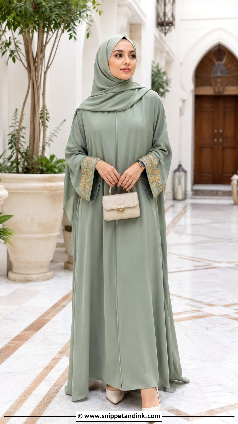 Embroidered Abaya With Chiffon Hijab - Snippet and Ink - 20 Ied Mubarak Outfit Hijab Ideas