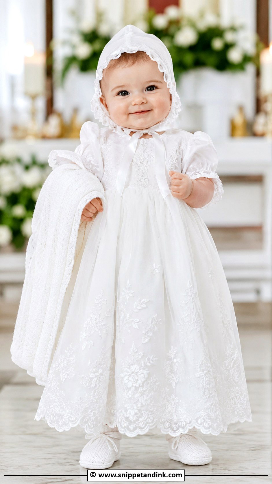 Embroidered Baptism Gown With White Booties - Snippet and Ink - 25 Baby Girl Baptism Dress Ideas