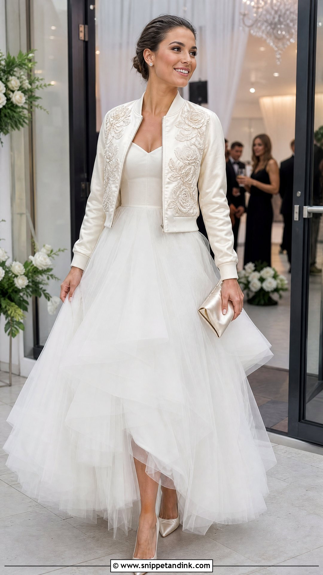 Embroidered Bomber Jacket With Tulle Winter Wedding Dress - Snippet and Ink - 25 Winter Wedding Dress Coverups Ideas