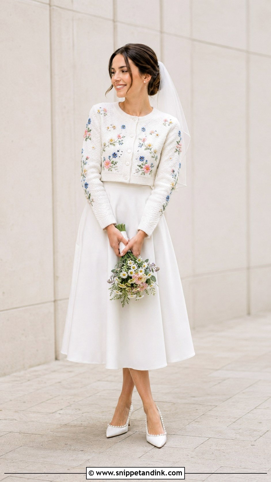Embroidered Bridal Cardigan With Tea Length Wedding Dress - Snippet and Ink - 20 Bridal Cardigan Ideas