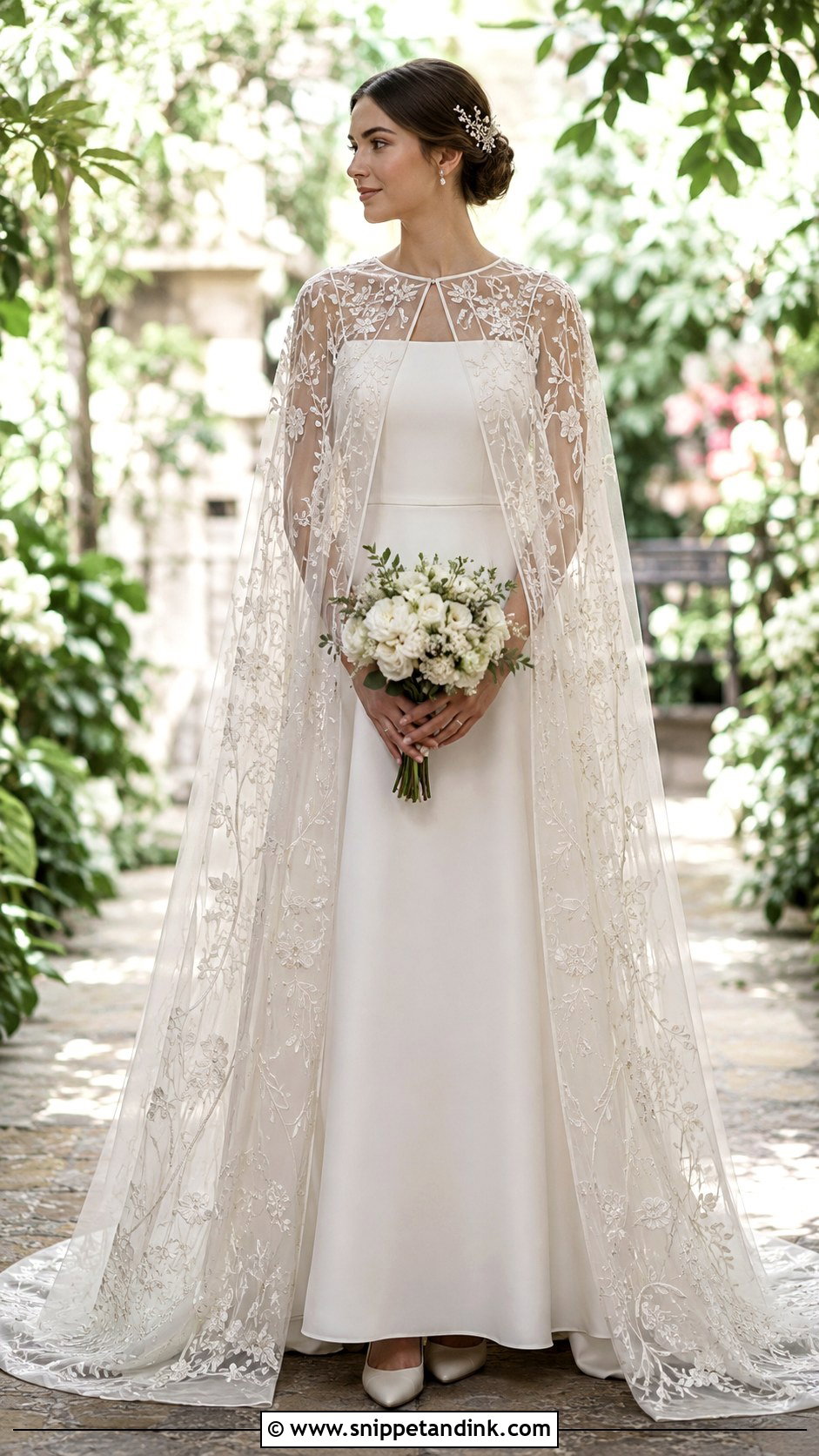 Embroidered Bridal Cloak With A Line Wedding Dress - Snippet and Ink - 20 Bridal Cloak Ideas