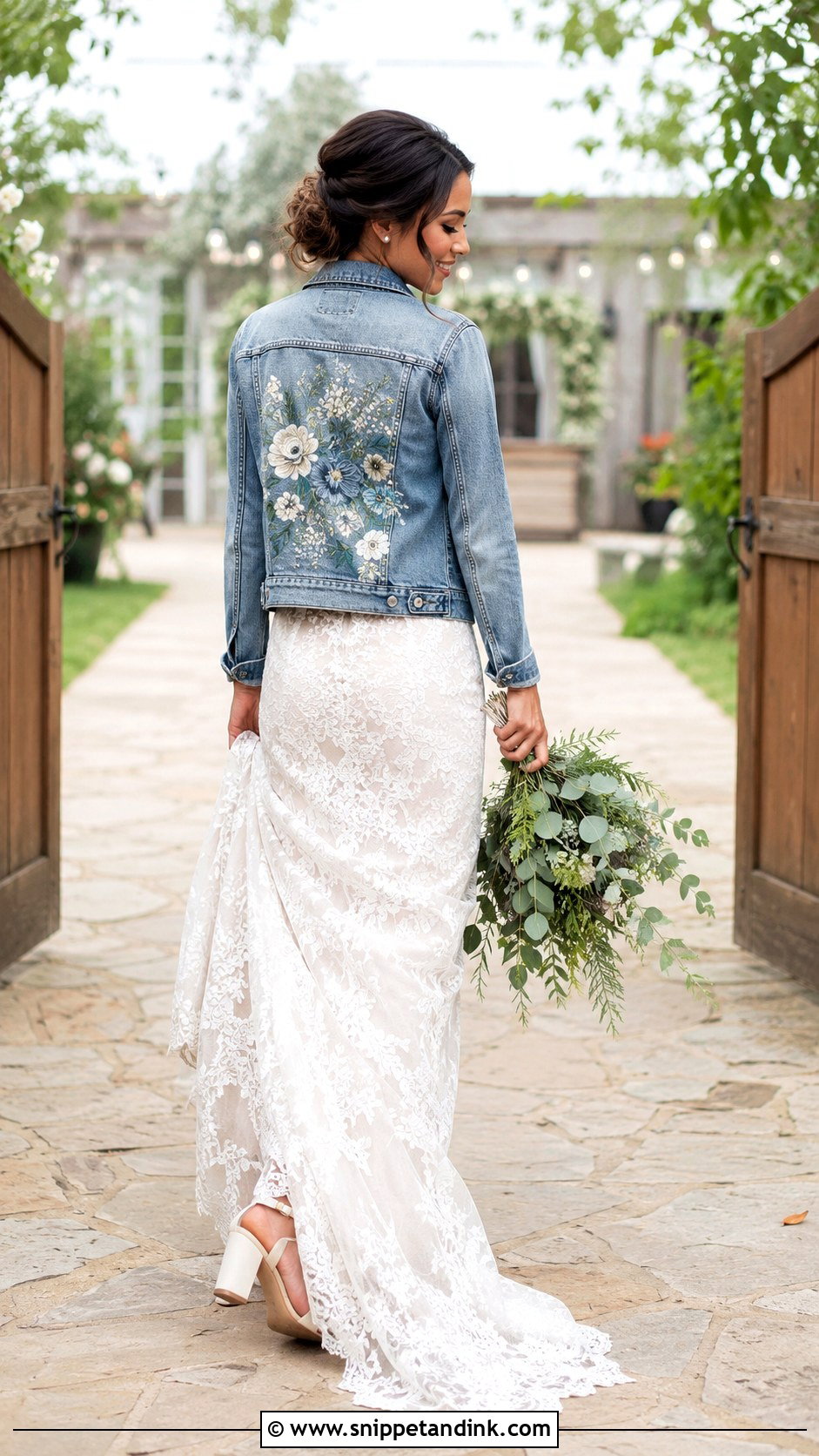 Embroidered Bridal Denim Jacket With Lace Wedding Dress - Snippet and Ink - 20 Bridal Denim Jacket Ideas