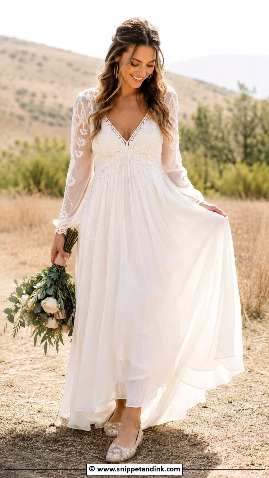 Embroidered Bridal Flats With A Boho Wedding Dress - Snippet and Ink - 30 Bridal Footwear Ideas