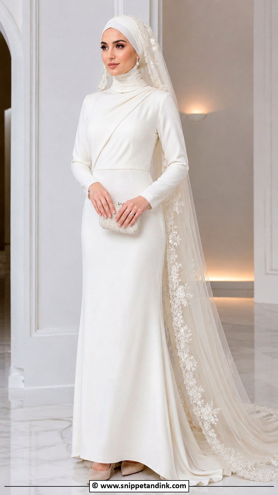 Embroidered Bridal Hijab With Modest Gown - Snippet and Ink - 30 Bridal Hijab Styles