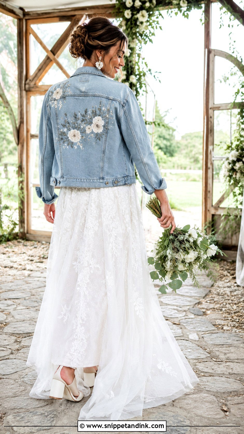 Embroidered Bridal Jean Jacket With Lace Wedding Dress - Snippet and Ink - 20 Bridal Jean Jacket Ideas