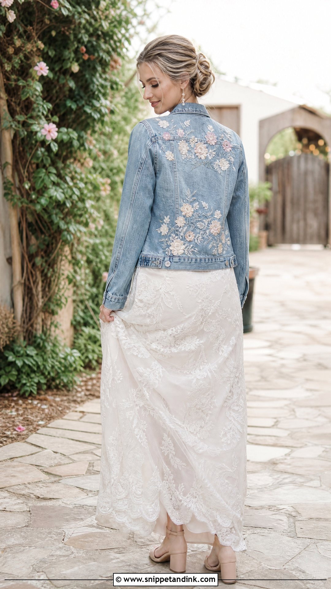 Embroidered Bride Denim Jacket With Lace Wedding Dress - Snippet and Ink - 20 Bride Denim Jacket Ideas