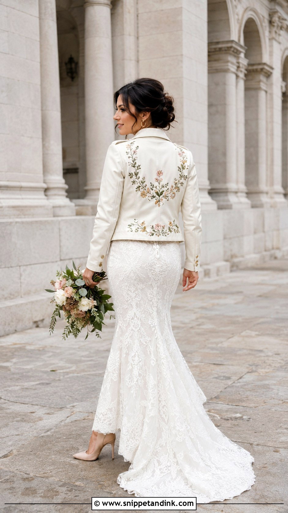 Embroidered Bride Leather Jacket With Fit And Flare Dress - Snippet and Ink - 20 Bride Leather Jacket Ideas
