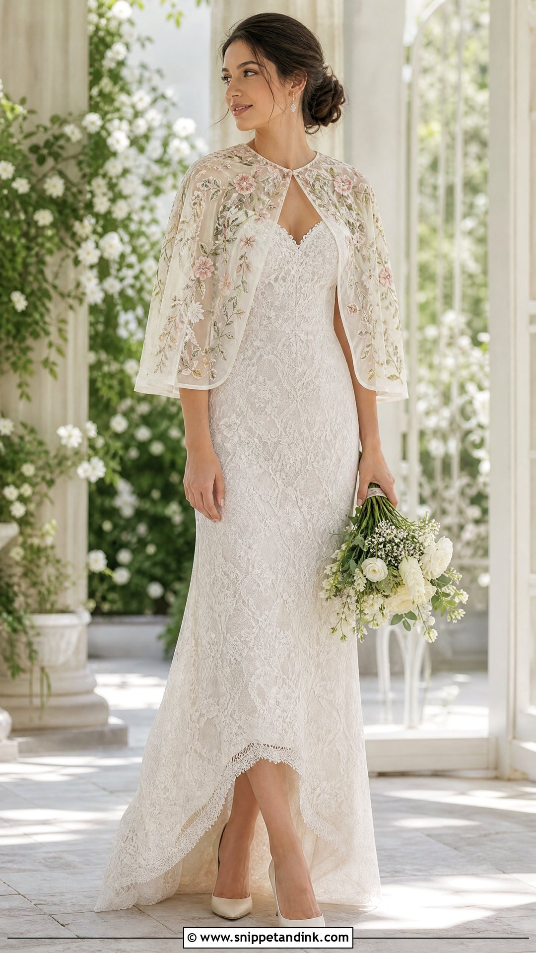 Embroidered Capelet With Lace Wedding Dress - Snippet and Ink - 20 Wedding Dress Capelet Ideas
