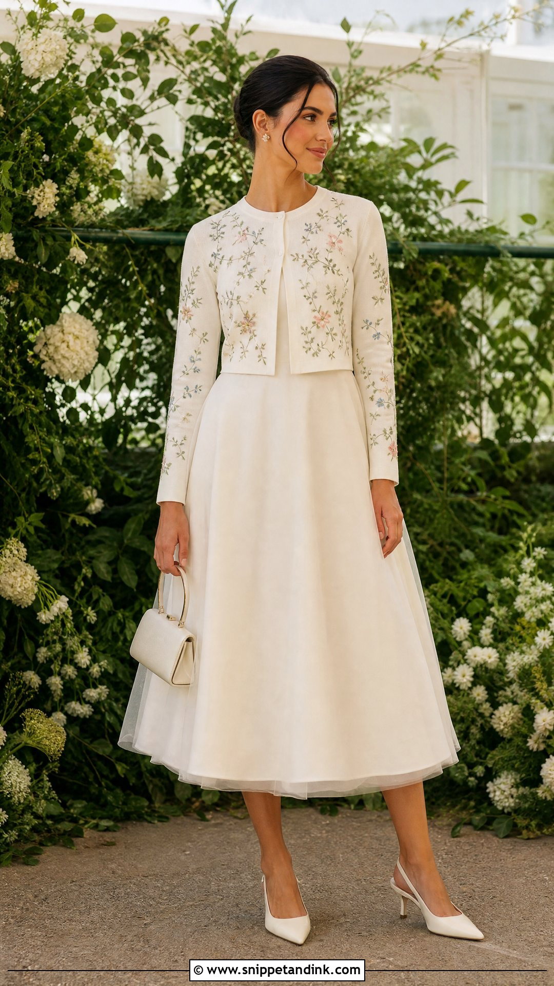 Embroidered Cardigan With Tea Length Wedding Dress - Snippet and Ink - 20 Wedding Cardigan Ideas