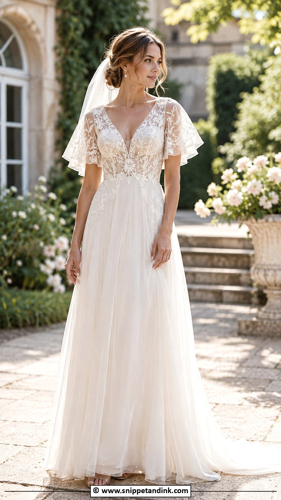 Embroidered Flutter Sleeve Wedding Dress - Snippet and Ink - 25 Flutter Sleeve Wedding Dress Ideas