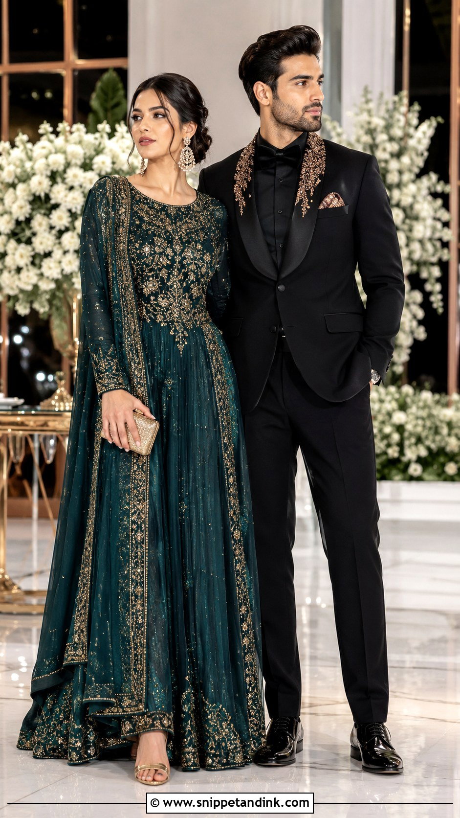 Embroidered Gown And Tuxedo Desi Fusion Couple Outfit - Snippet and Ink - 20 Desi Couple Outfits