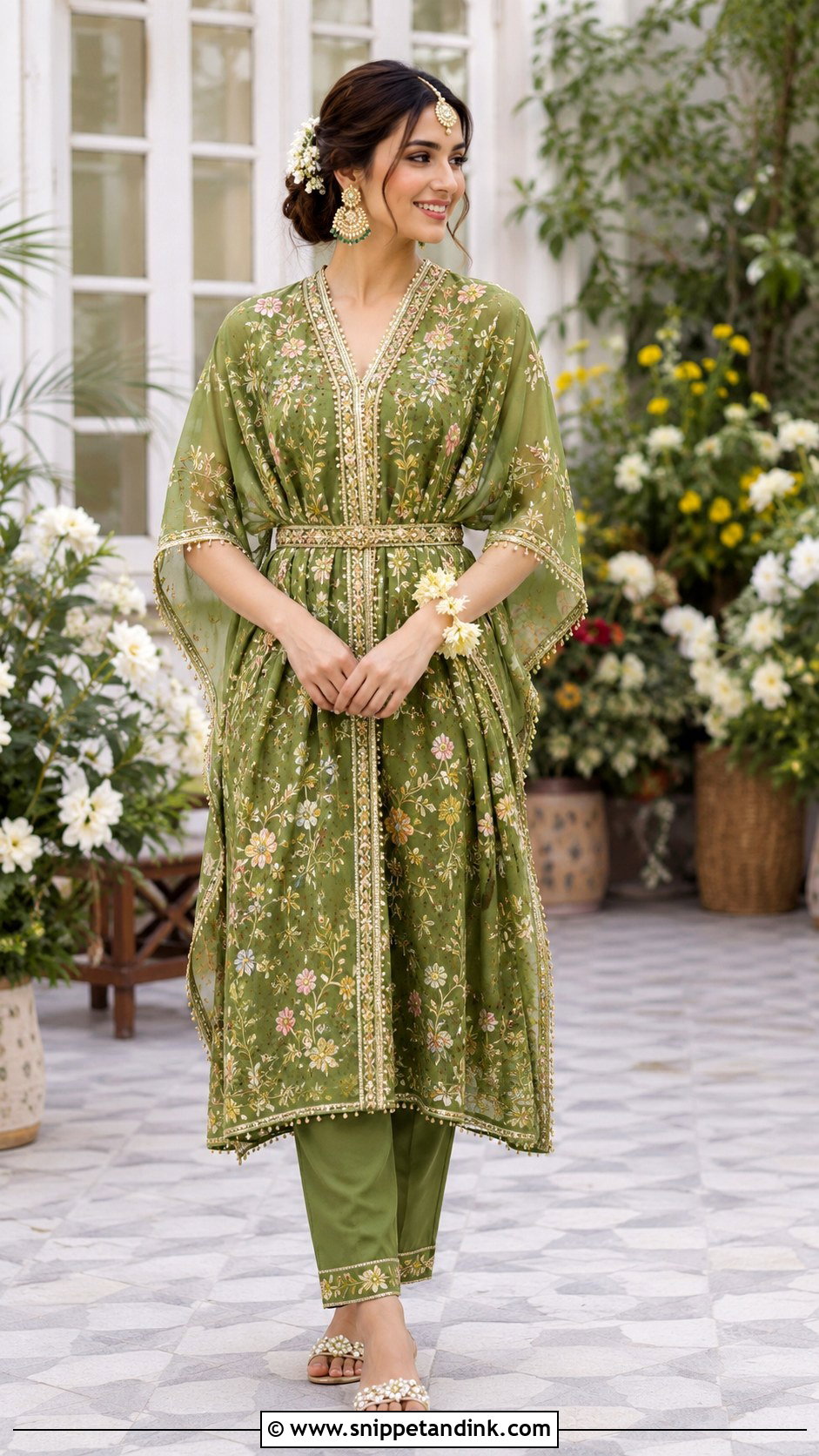 Embroidered Kaftan Mehndi Outfit - Snippet and Ink - 20 Mehndi Ceremony Outfit for Bride Ideas
