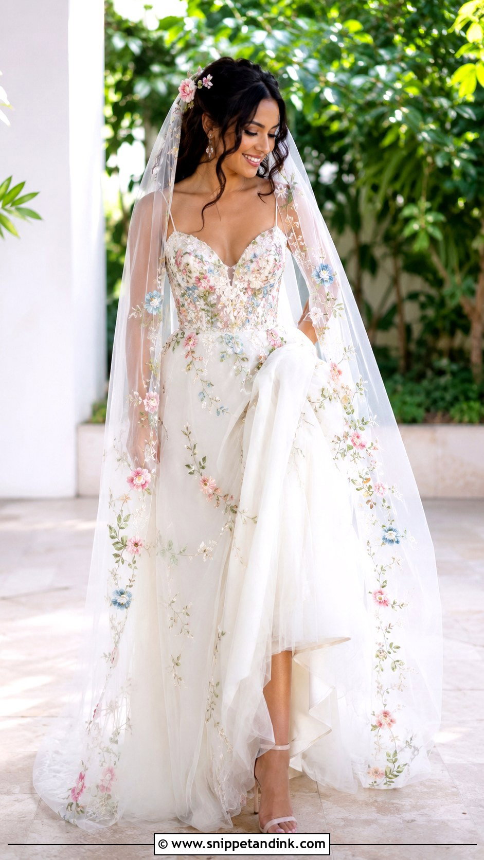 Embroidered Latina Wedding Dress With Floral Veil - Snippet and Ink - 25 Latina Wedding Dress Ideas