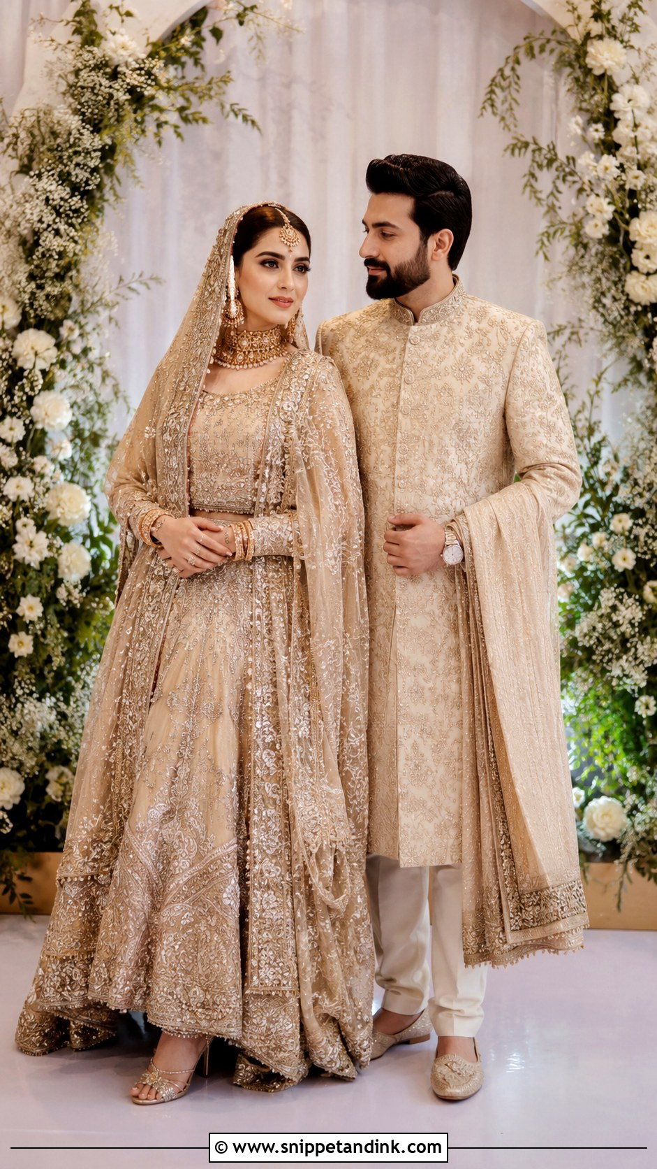 Embroidered Lehenga And Sherwani Wedding Couple Outfit - Snippet and Ink - 25 Wedding Couple Outfits