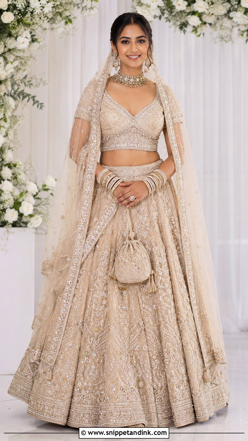 Embroidered Lehenga With V Front Bridal Dupatta - Snippet and Ink - 20 Bridal Dupatta Style Ideas