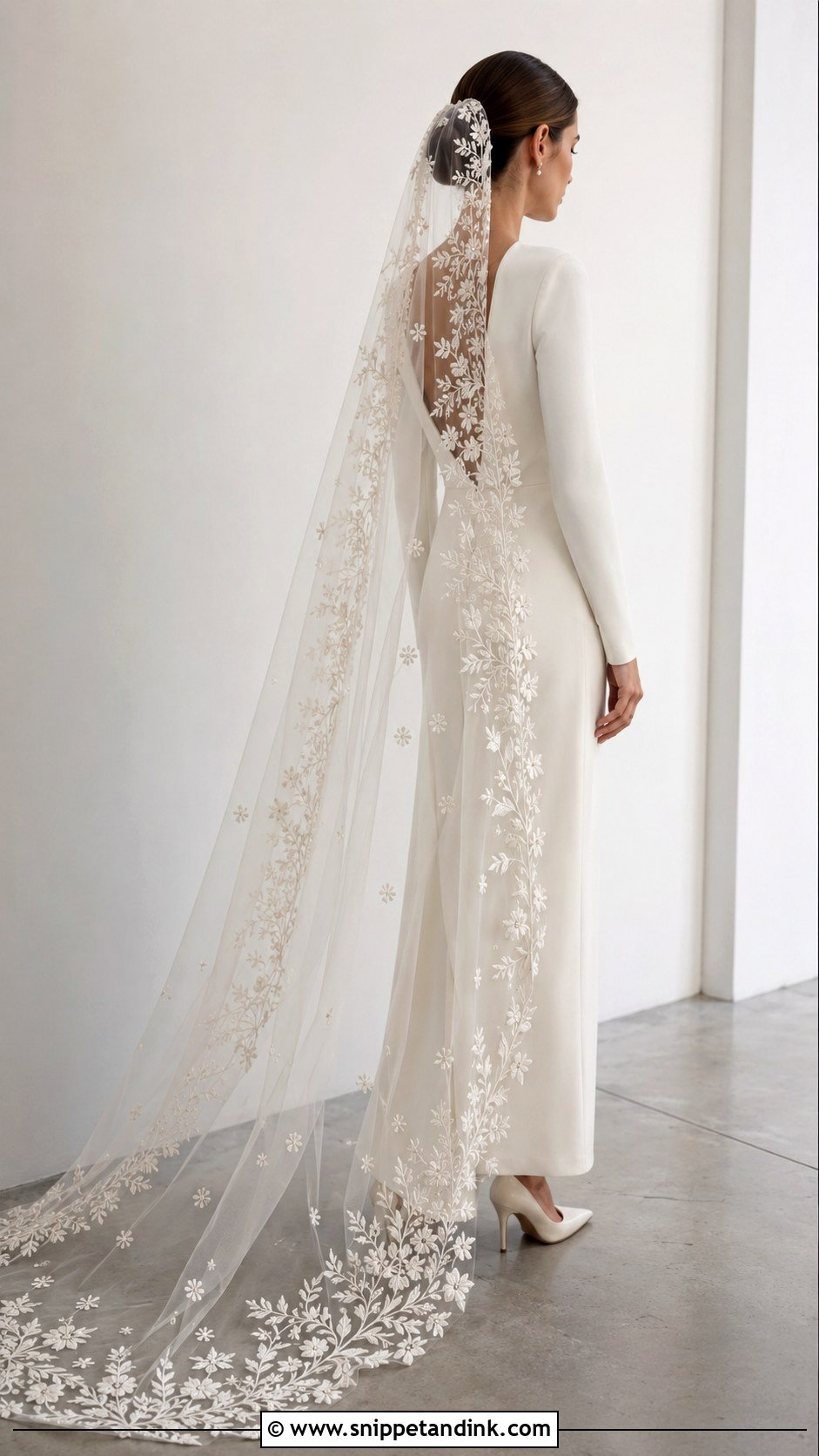 Embroidered Mantilla Cathedral Veil With Column Gown - Snippet and Ink - 20 Mantilla Cathedral Veil Ideas