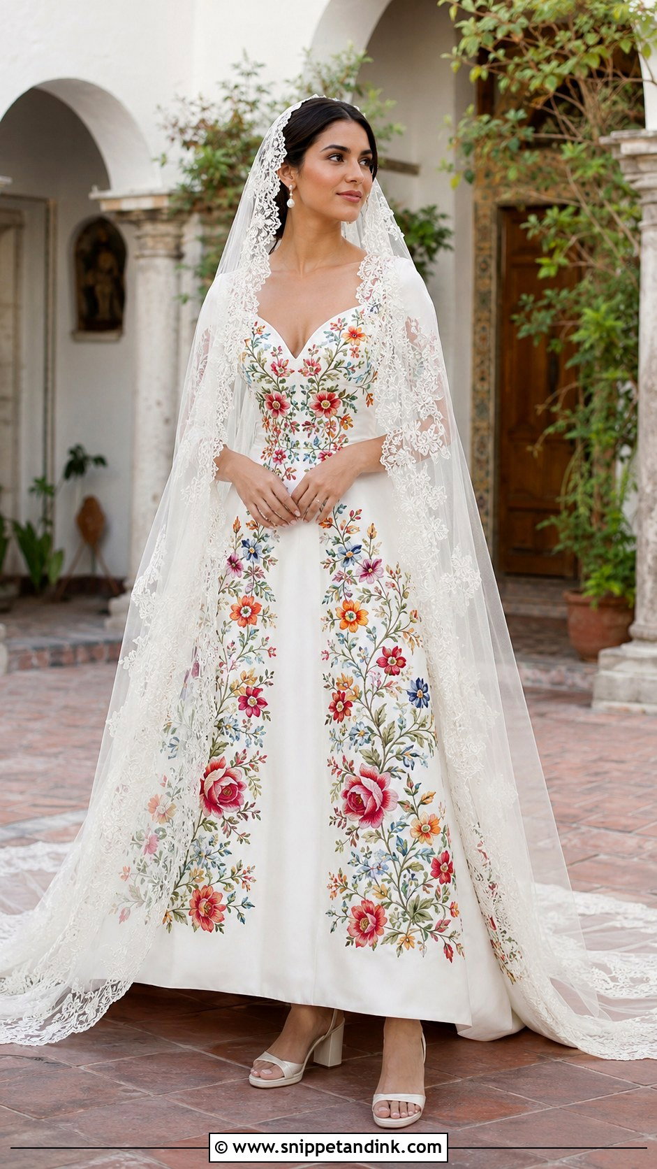 Embroidered Mexican Wedding Dress With Mantilla Veil - Snippet and Ink - 20 Mexican Style Spanish Wedding Dress Ideas