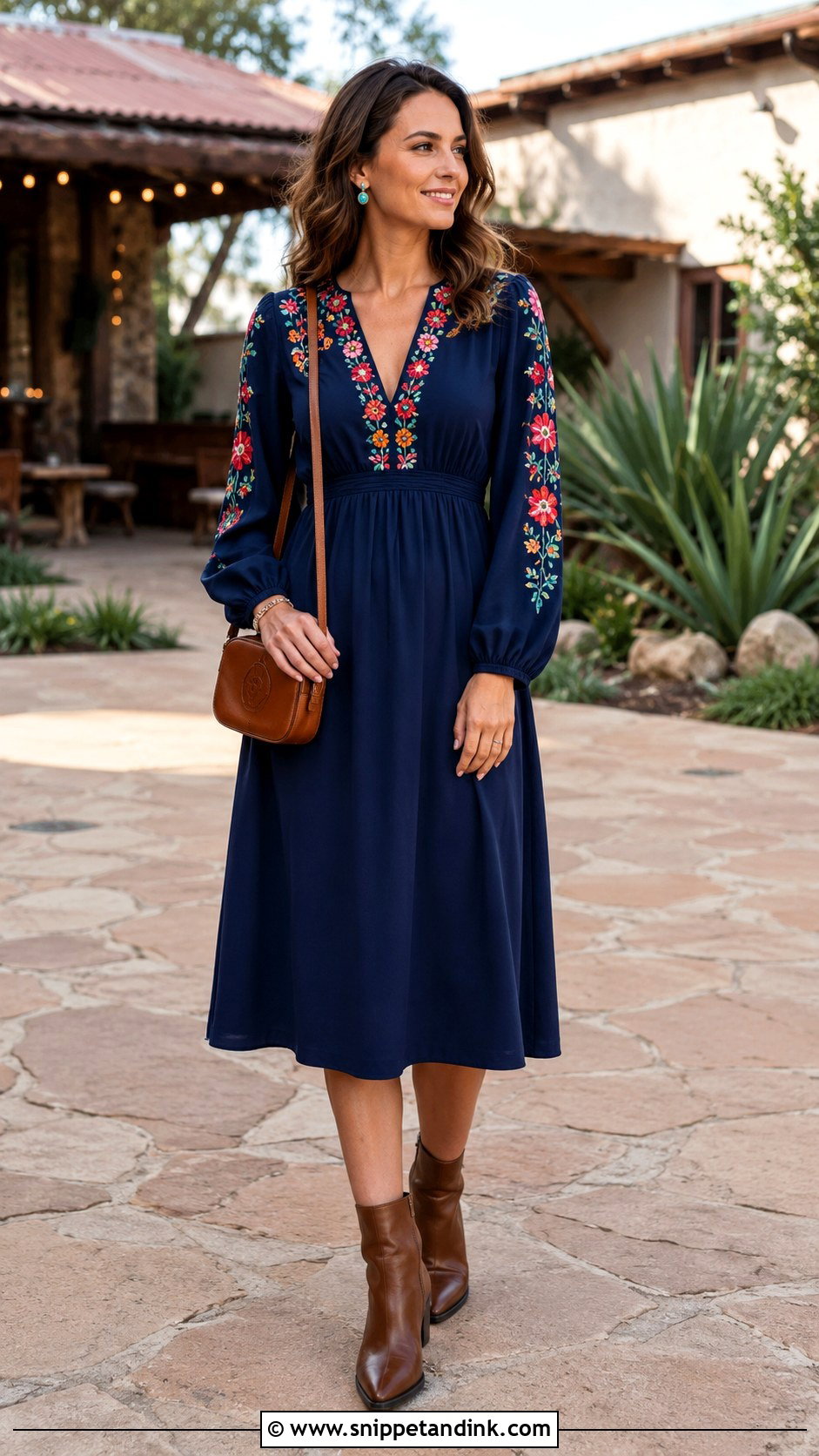 Embroidered Midi Dress With Ankle Boots - Snippet and Ink - 20 Western Wedding Attire Ideas