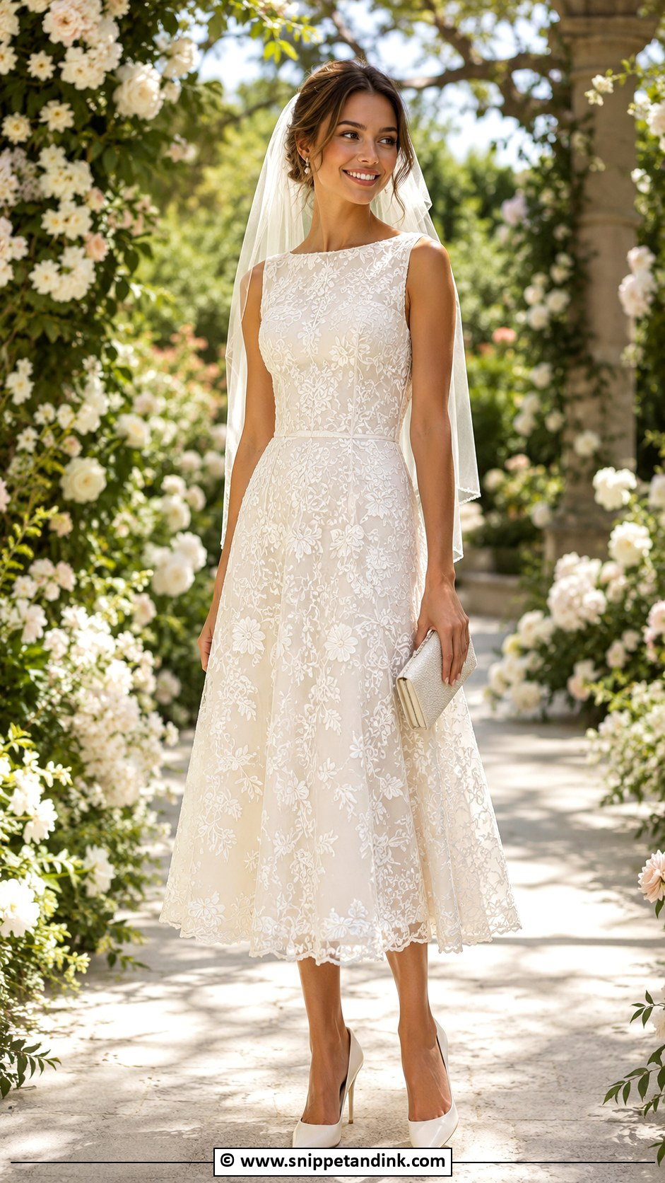 Embroidered Midi Wedding Dress With Ivory Accessories - Snippet and Ink - 30 Midi Wedding Dress Ideas