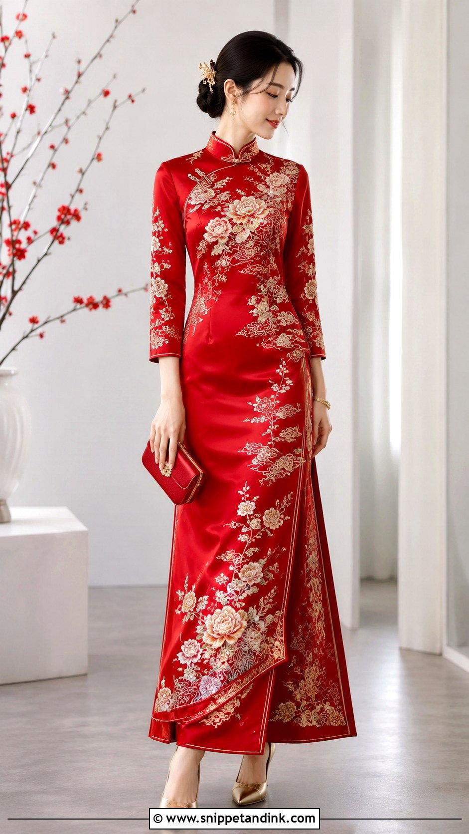 Embroidered Red Satin Wedding Dress - Snippet and Ink - 25 Traditional Chinese Wedding Dress Ideas