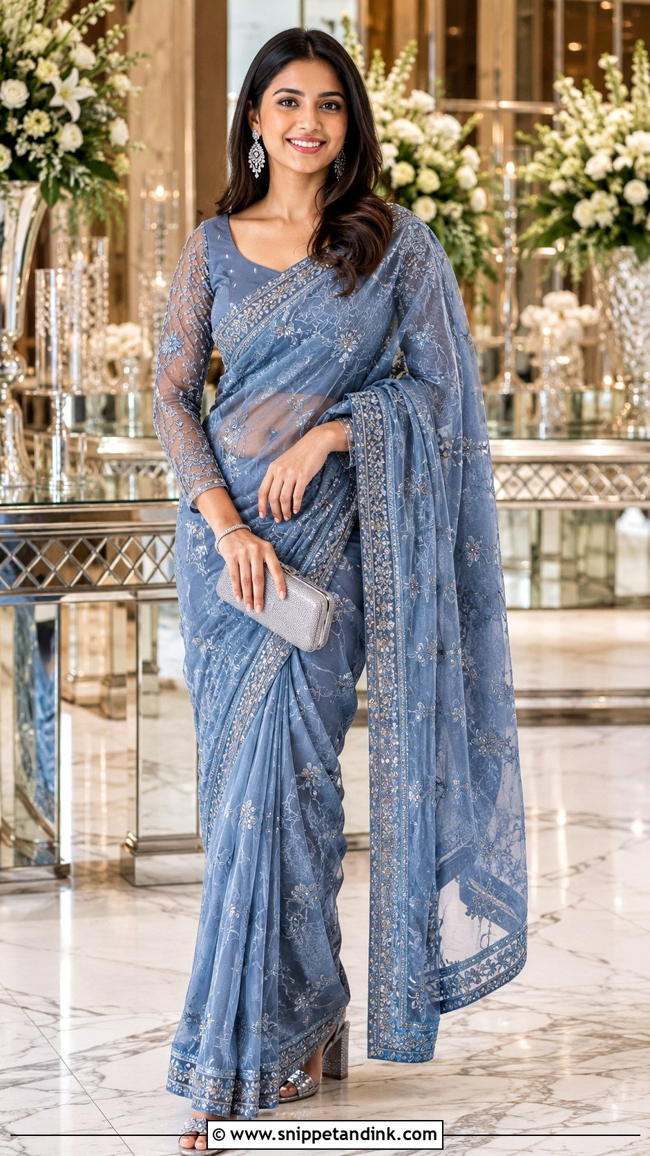 Embroidered Saree With Full Net Sleeves - Snippet and Ink - 20 Indian Wedding Dresses with Sleeves