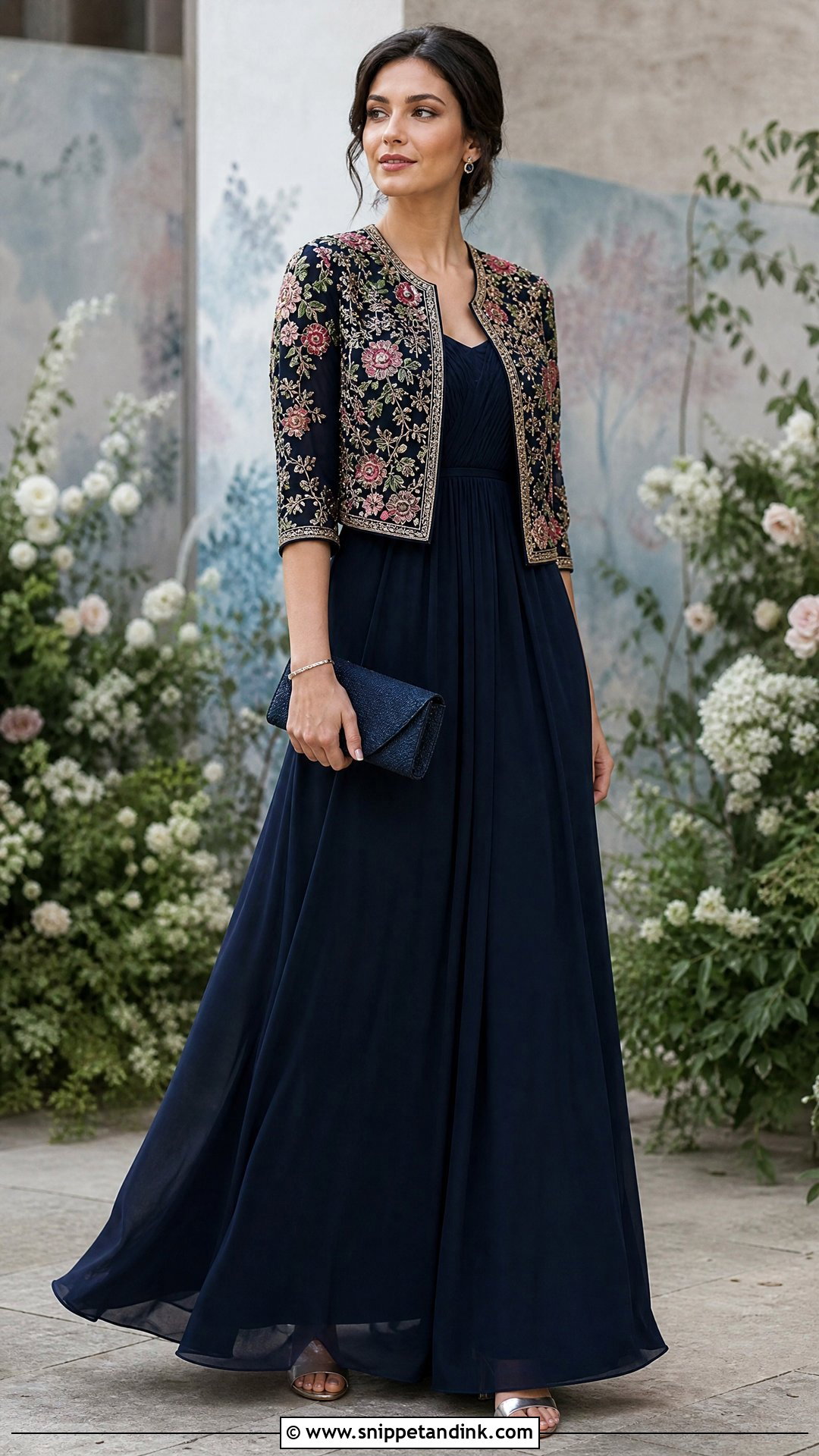 Embroidered Shrug With Solid Maxi Dress - Snippet and Ink - 25 Shrug Outfit Ideas for Wedding
