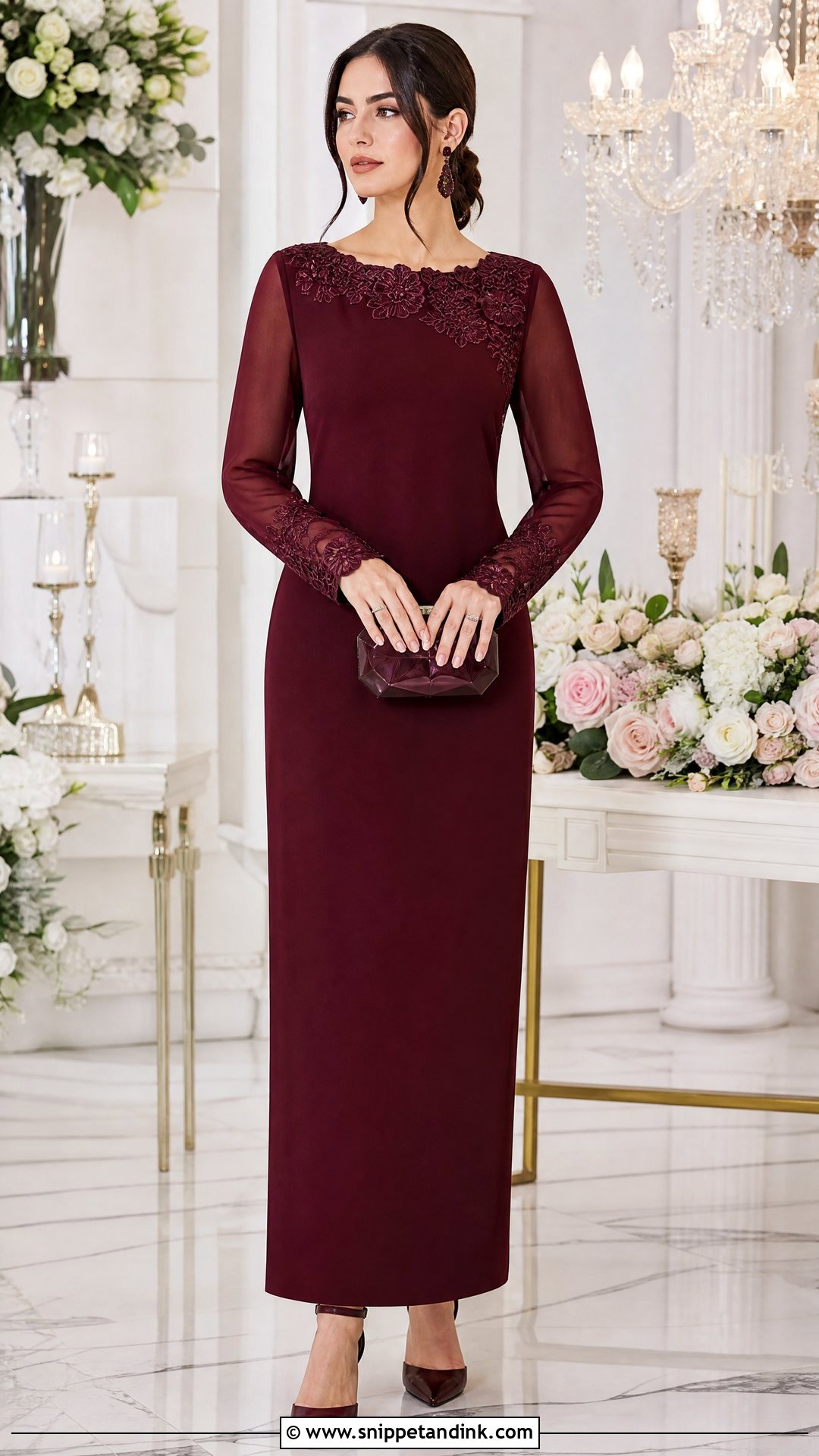 Embroidered Straight Cut Gown With Sheer Sleeves - Snippet and Ink - 20 Straight Cut Gown Styles