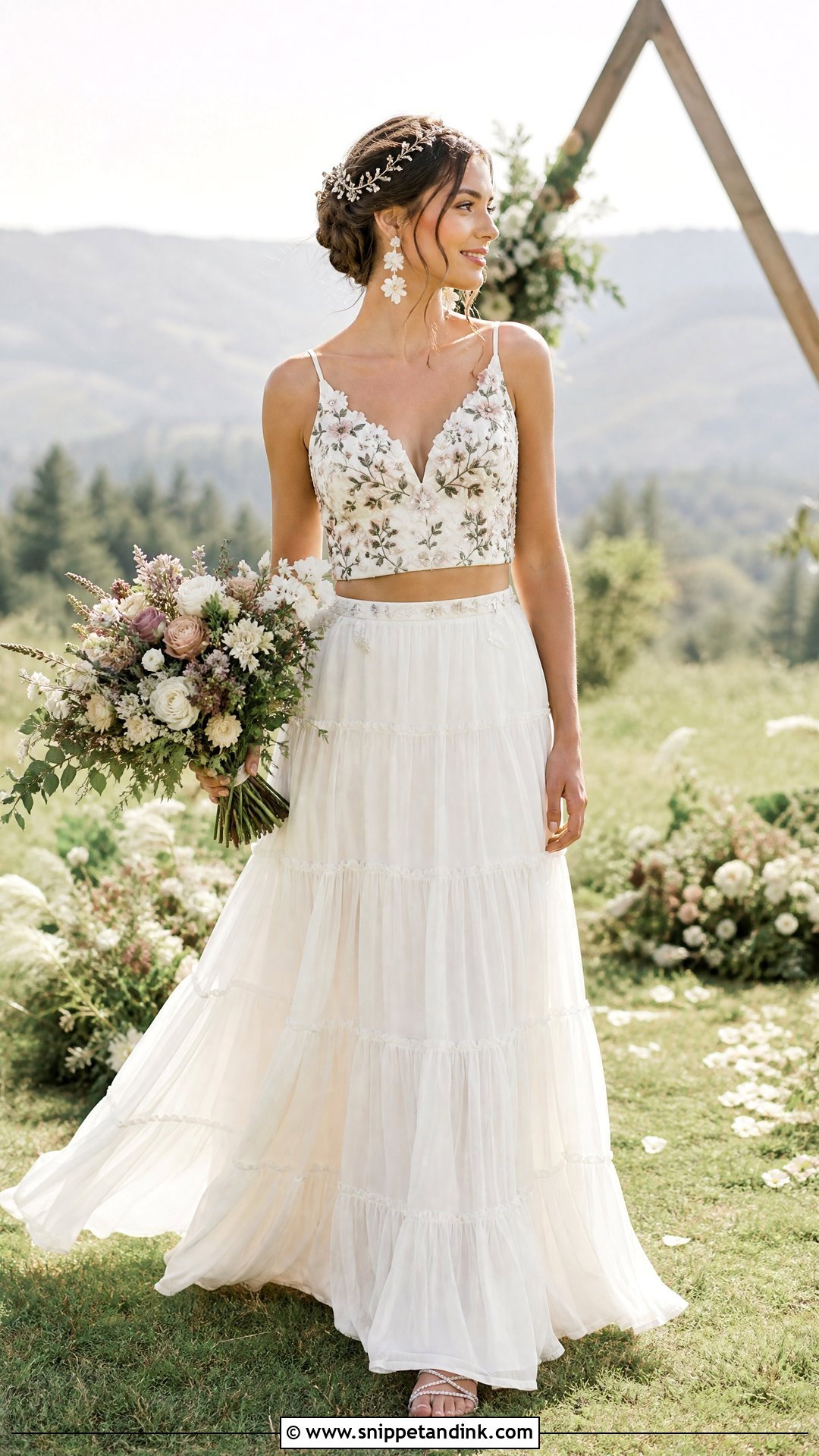 Embroidered Top And Tiered Bridal Skirt - Snippet and Ink - 20 Two Piece Bridal Outfit Ideas
