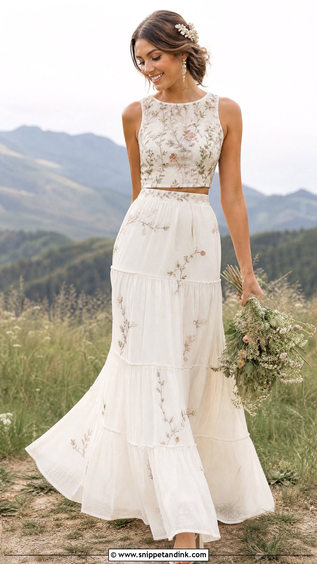 Embroidered Top And Tiered Skirt Bridal Set - Snippet and Ink - 25 Bridal Two Piece Set Ideas