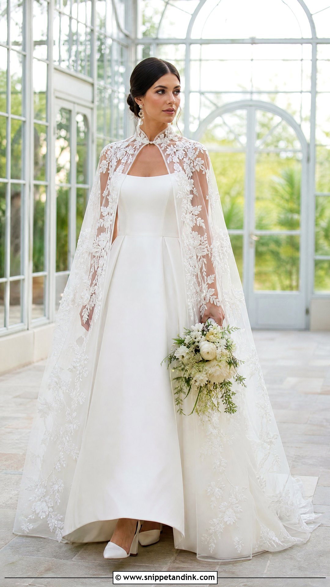 Embroidered Tulle Bridal Cape With Square Neck Gown - Snippet and Ink - 20 Winter Bridal Cape Ideas