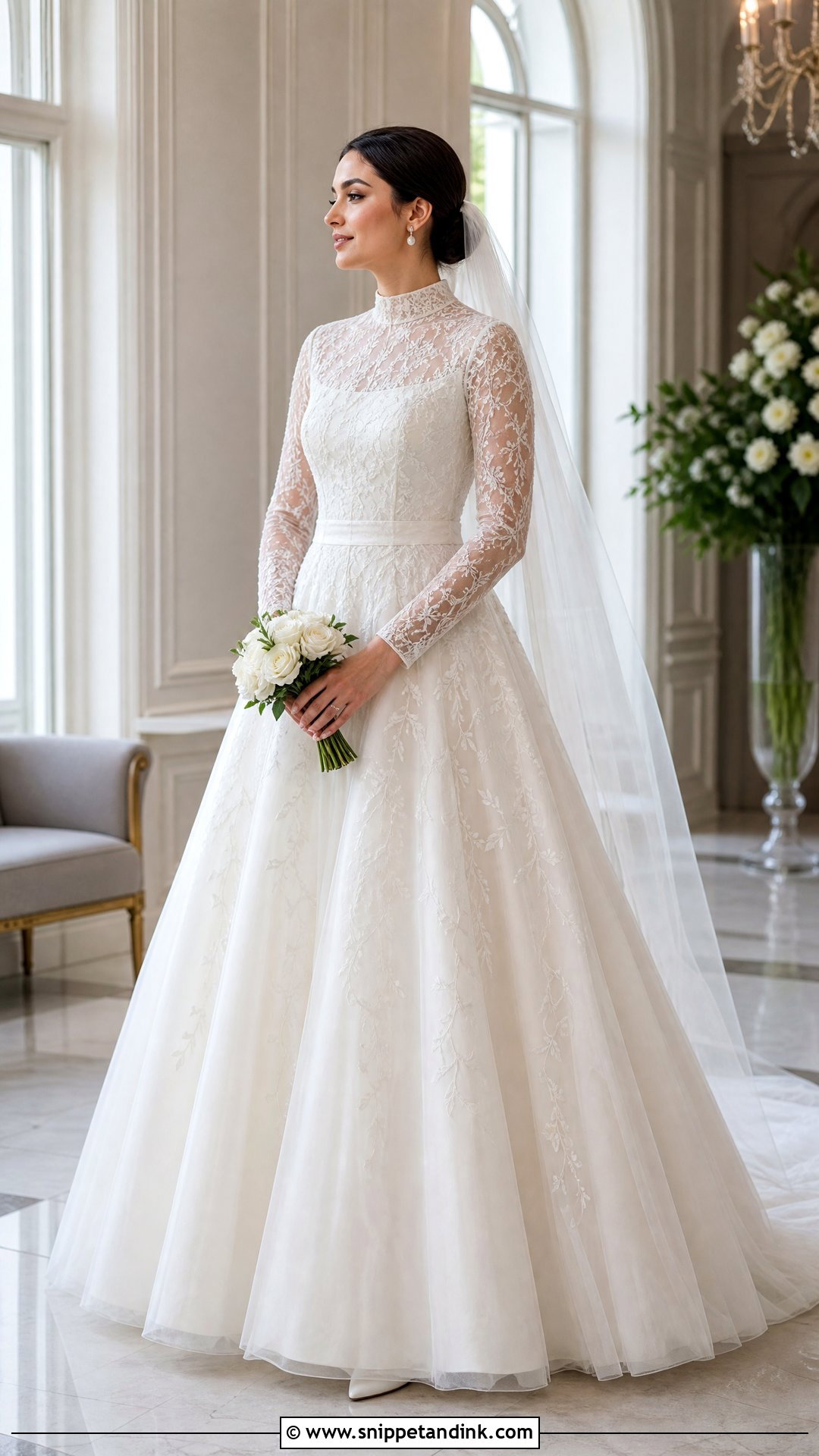 Embroidered Tulle Sleeve Modest Wedding Dress - Snippet and Ink - 20 Wedding Dress Tulle Sleeves