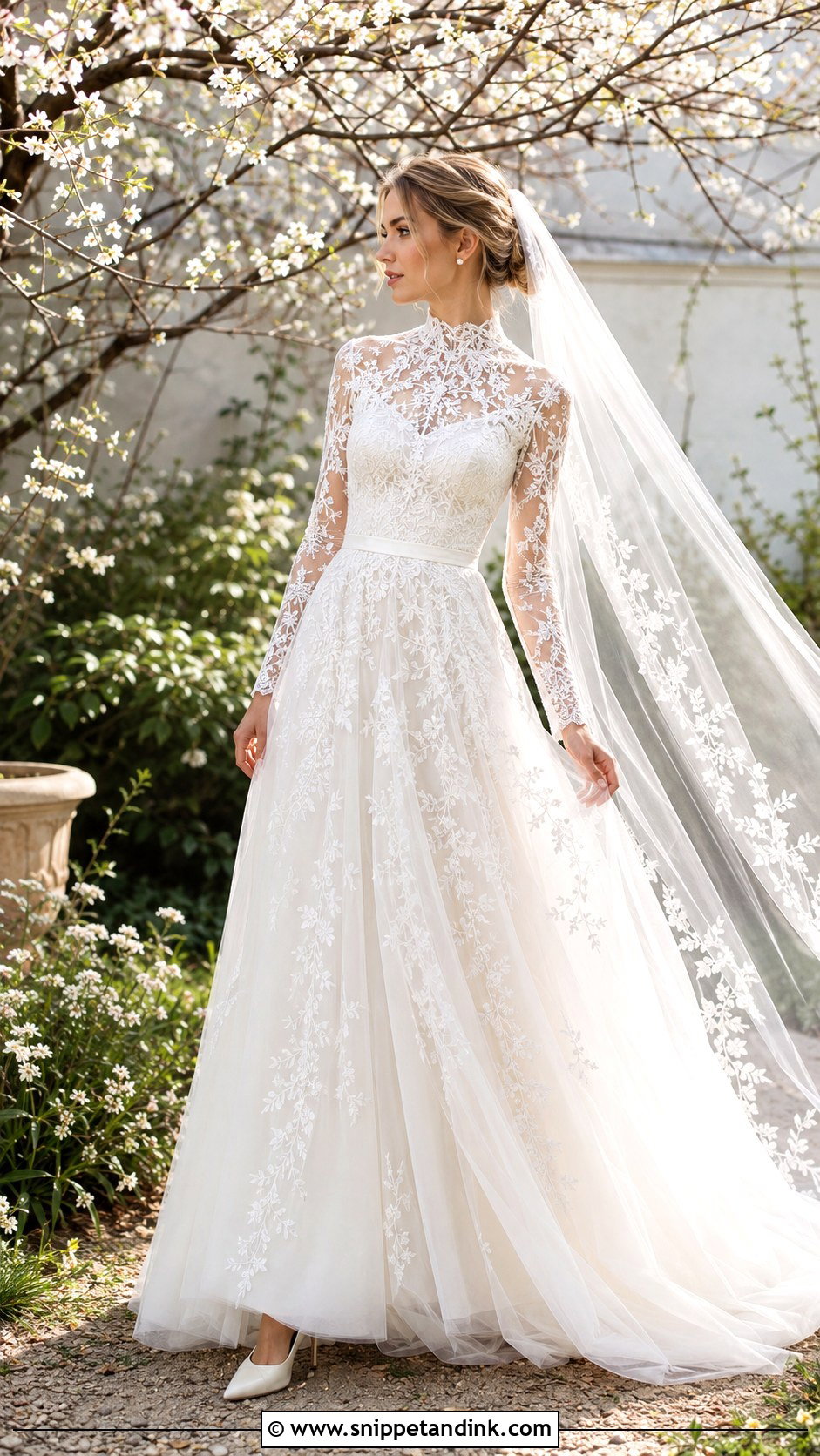 Embroidered Tulle Wedding Dress - Snippet and Ink - 20 Lily Collin’s Wedding Dress Ideas