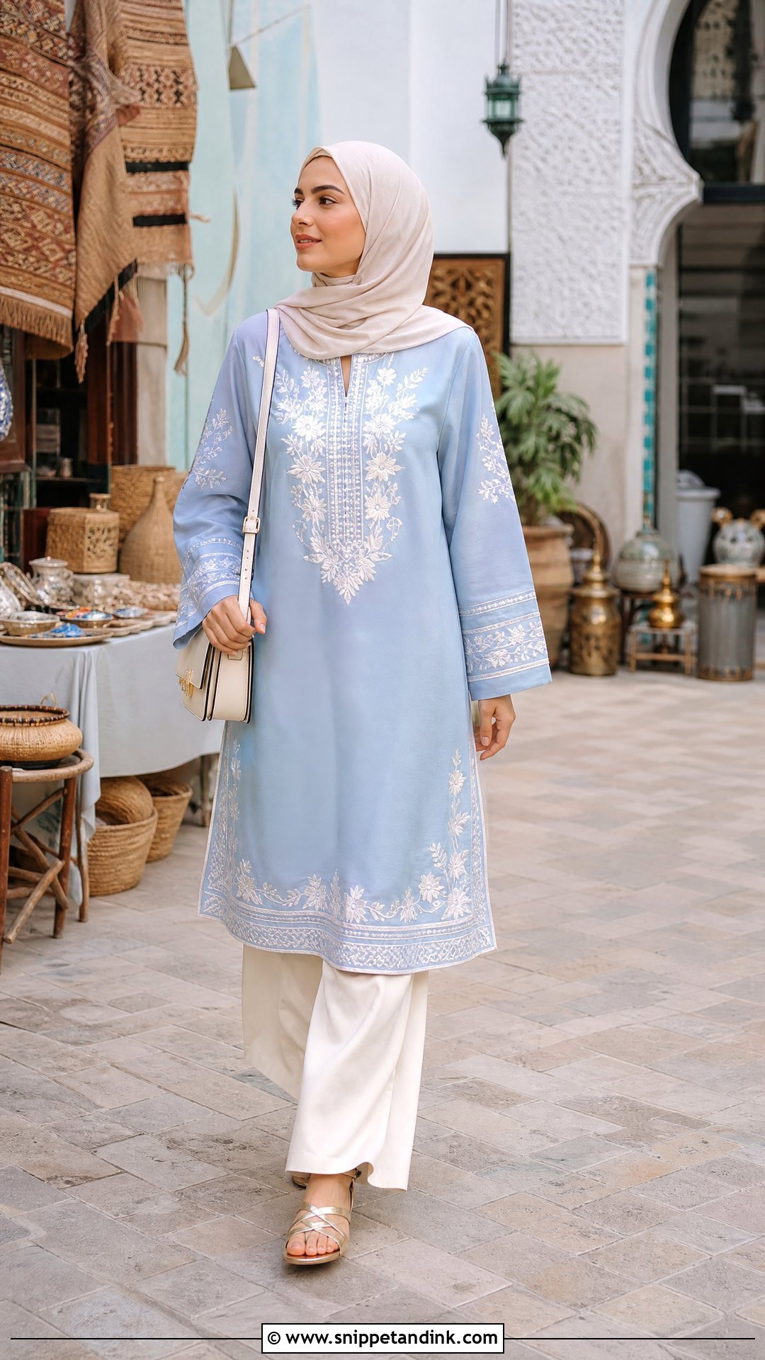 Embroidered Tunic And White Pants Hijabi Honeymoon Outfit - Snippet and Ink - 20 Hijabi Honeymoon Outfits