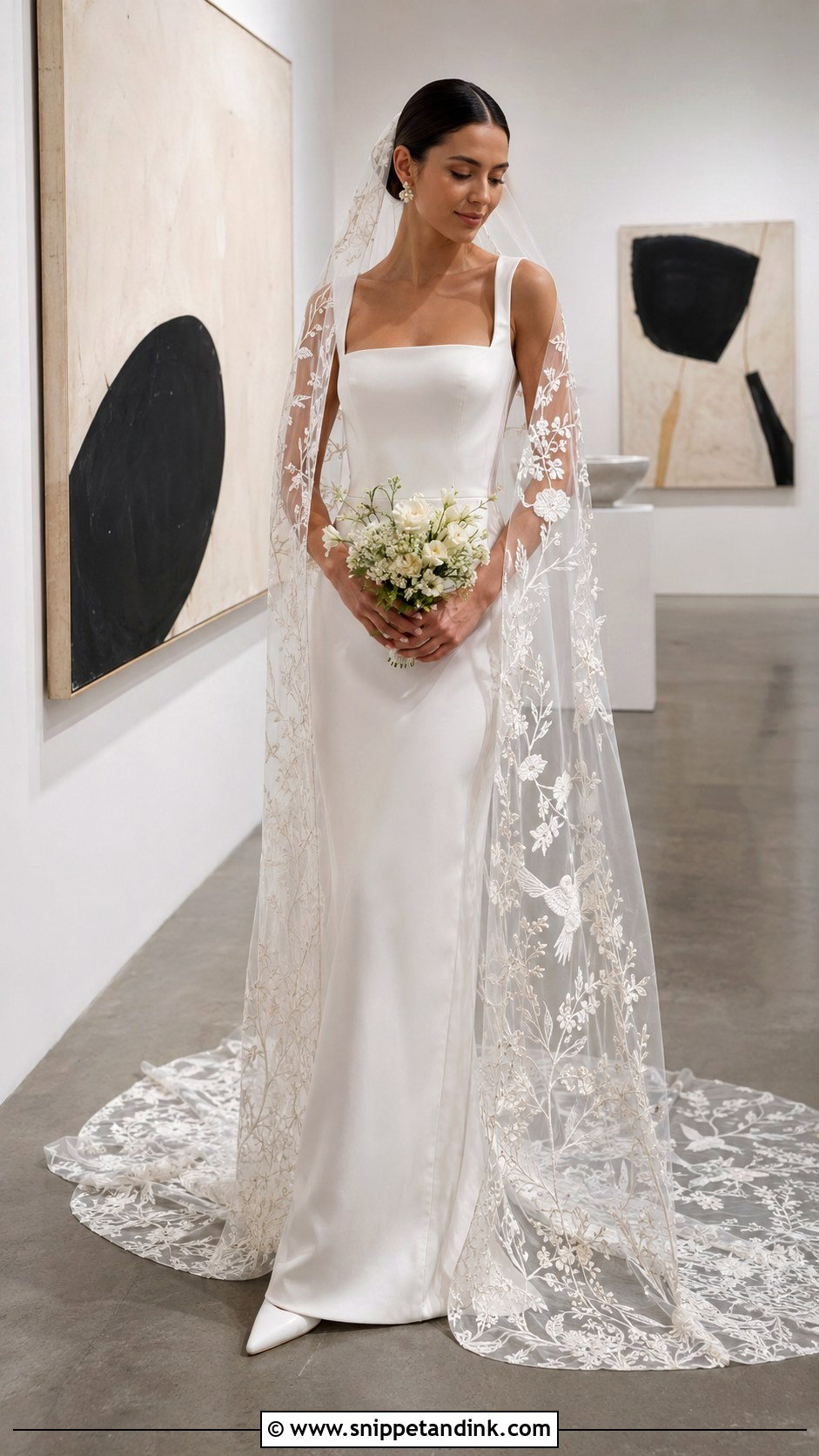 Embroidered Veil With Square Neck Wedding Dress - Snippet and Ink - 20 Long Veils